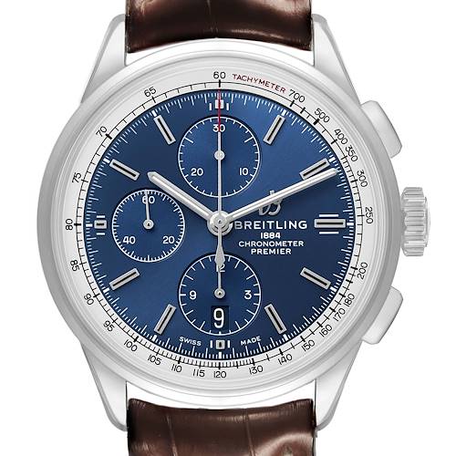 The Breitling Premier A13315 Men's Stainless Steel Blue Dial watch is shown from a front angle, highlighting the blue dial, subdials, tachymeter, and brown strap.