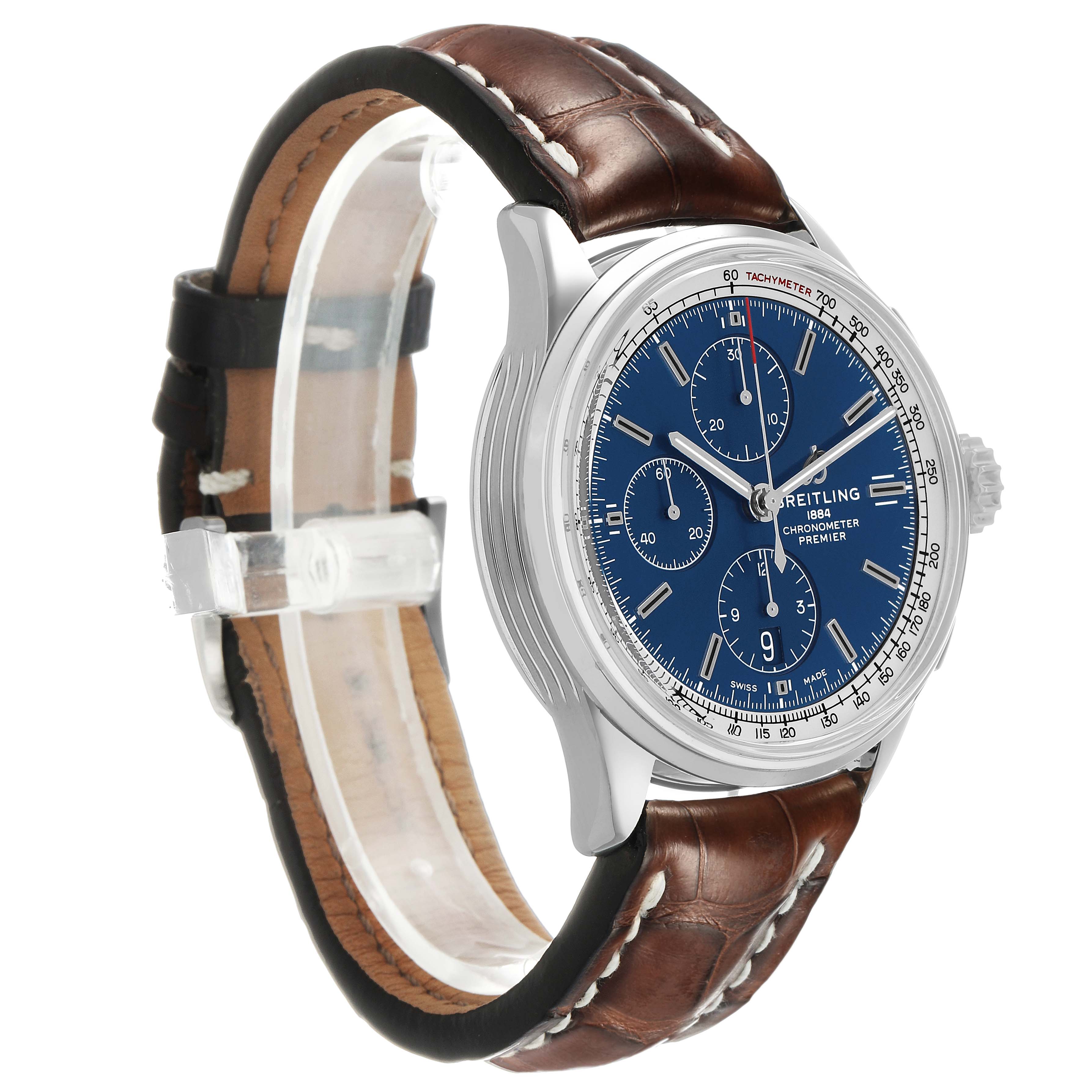 The Breitling Premier A13315 Men's Stainless Steel Blue Dial watch is shown at a slight angle, highlighting the blue dial, bezel, case, and leather strap.