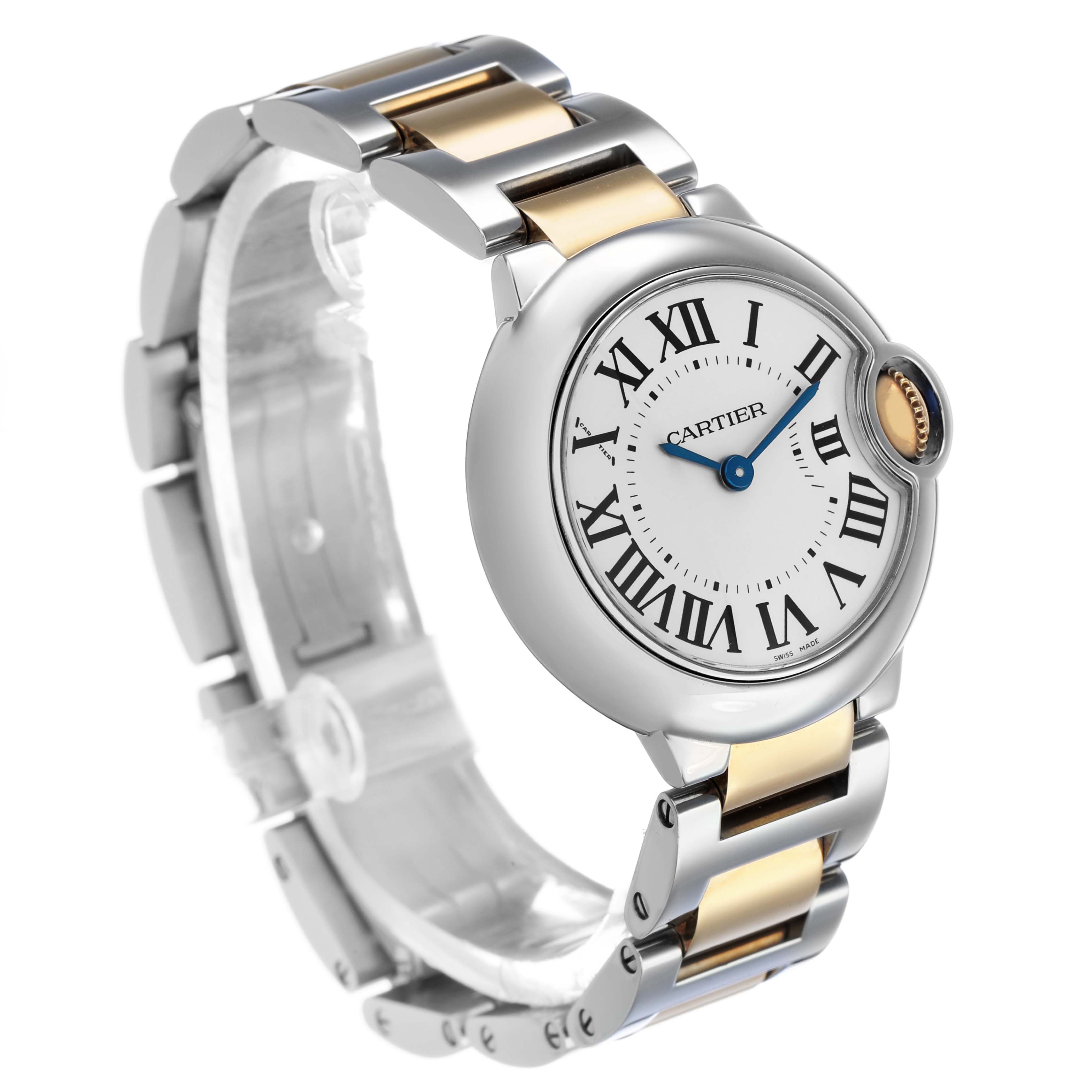 The image shows a Cartier Ballon Bleu W69007Z3 Women's Steel and Gold (two tone) Silver Dial watch at a three-quarter angle, highlighting its face, bracelet, and crown.