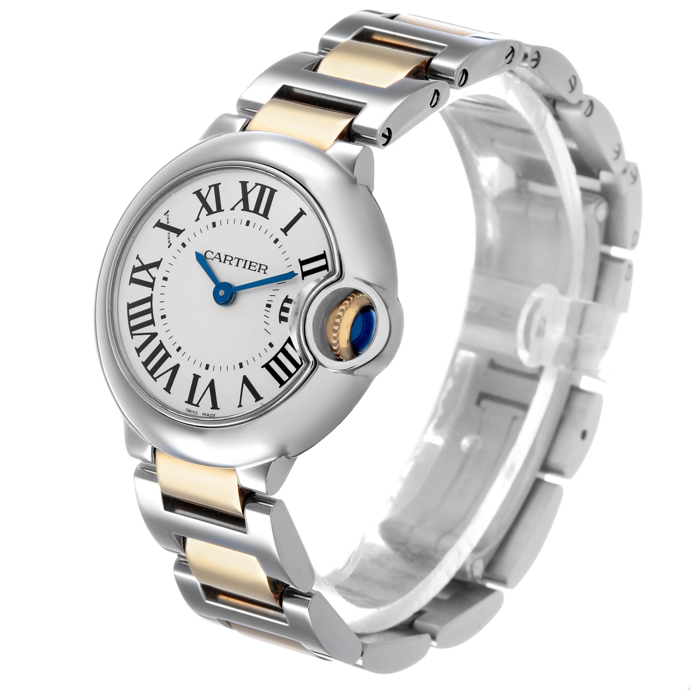 The Cartier Ballon Bleu W69007Z3 Women's Steel and Gold (two tone) Silver Dial watch is shown at a three-quarter angle, highlighting its bracelet, crown, and Roman numeral dial.
