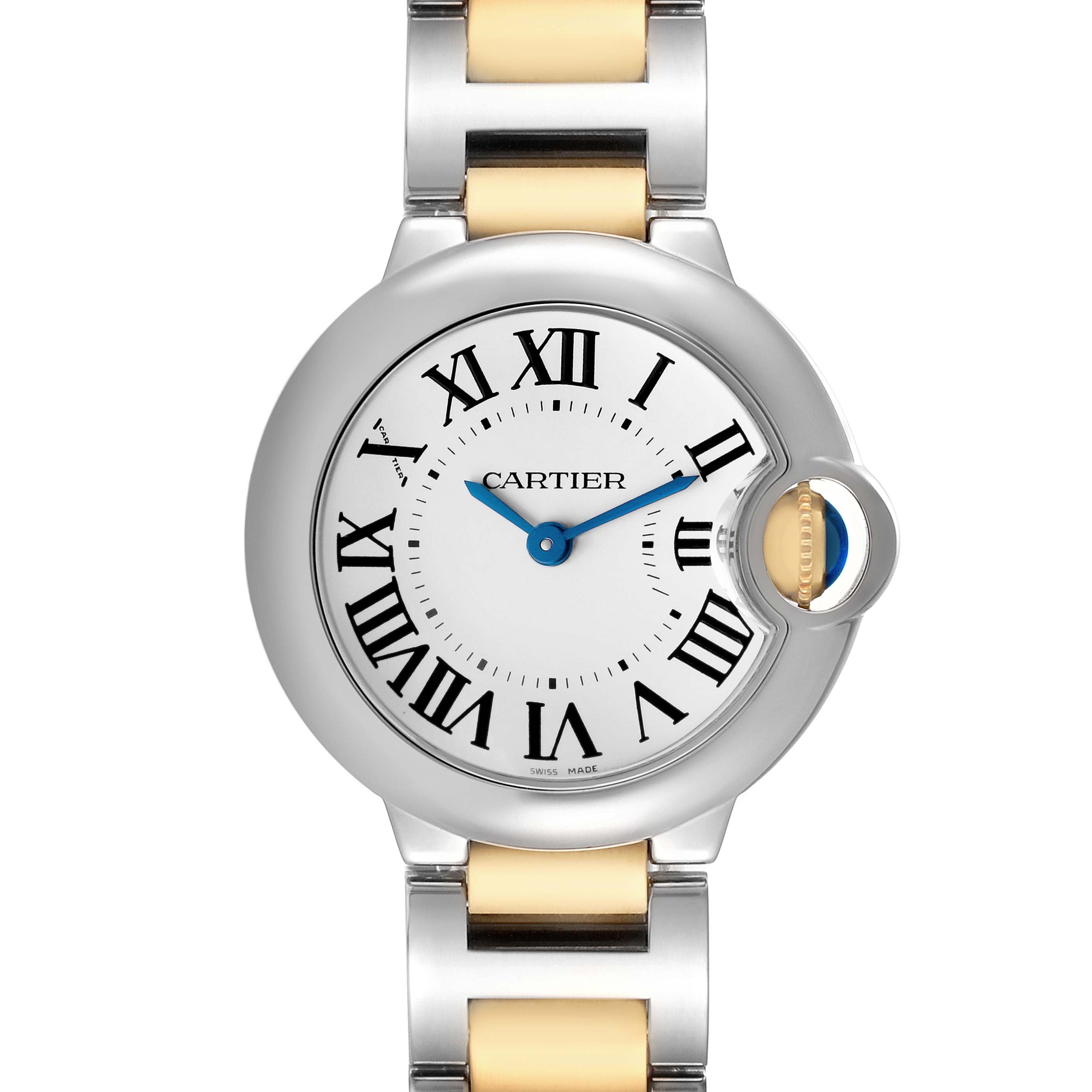 The Cartier Ballon Bleu W69007Z3 Women's Steel and Gold (two tone) Silver Dial watch is shown from the front, displaying the face, Roman numerals, and part of the bracelet.