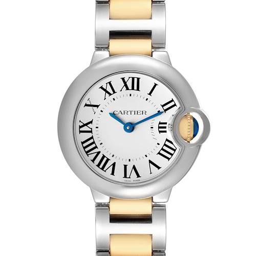 The Cartier Ballon Bleu W69007Z3 Women's Steel and Gold (two tone) Silver Dial watch is shown from a front angle, featuring its round case, Roman numerals, and metal bracelet.