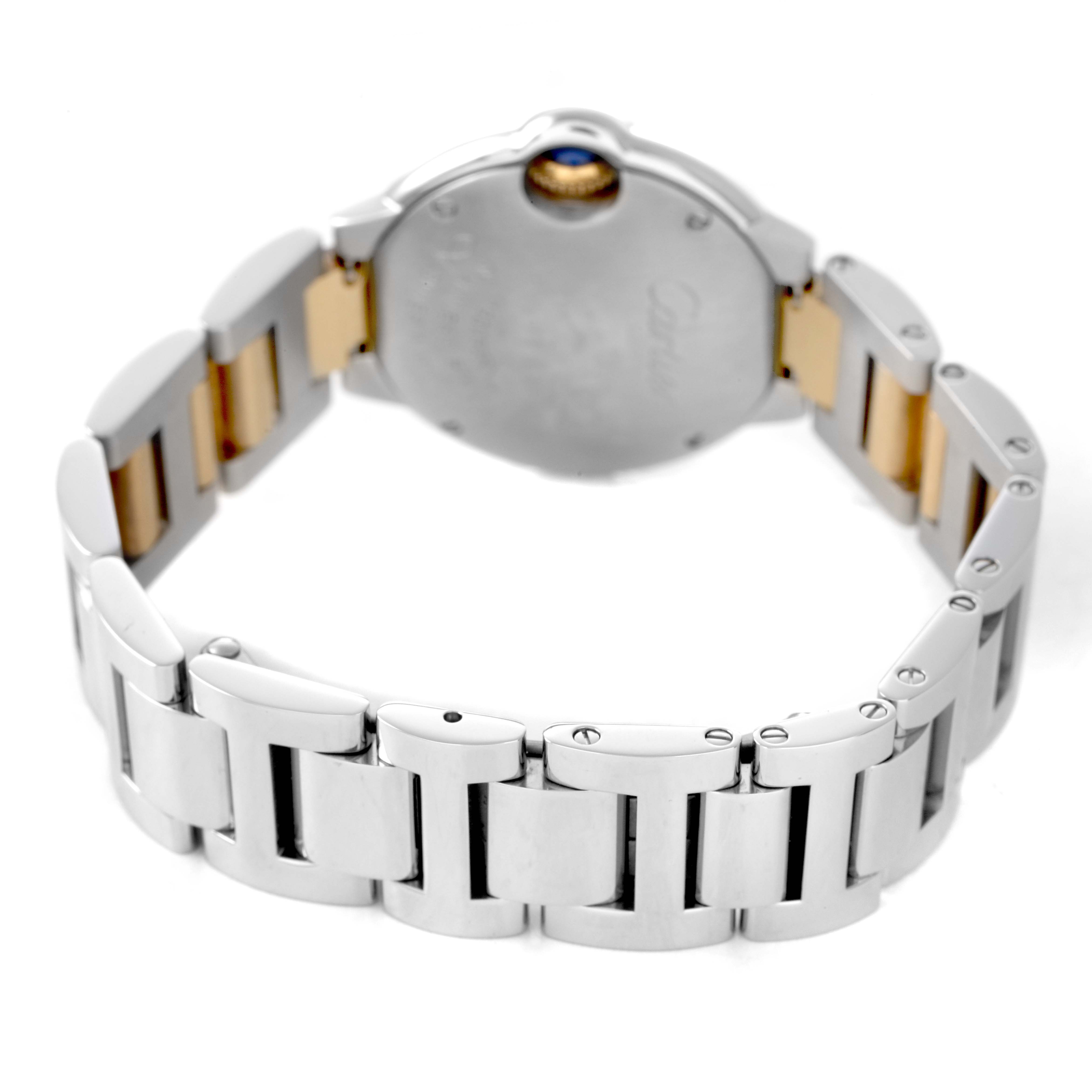 The image shows the back and bracelet of a Cartier Ballon Bleu W69007Z3 Women's Steel and Gold (two tone) Silver Dial watch, highlighting its two-tone metal design and clasp structure.