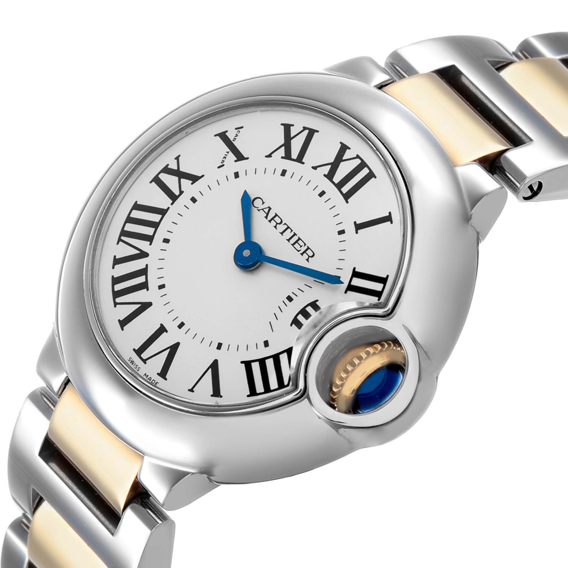 The image shows the Ballon Bleu de Cartier watch at an angled view, highlighting the face, Roman numerals, and metal bracelet.