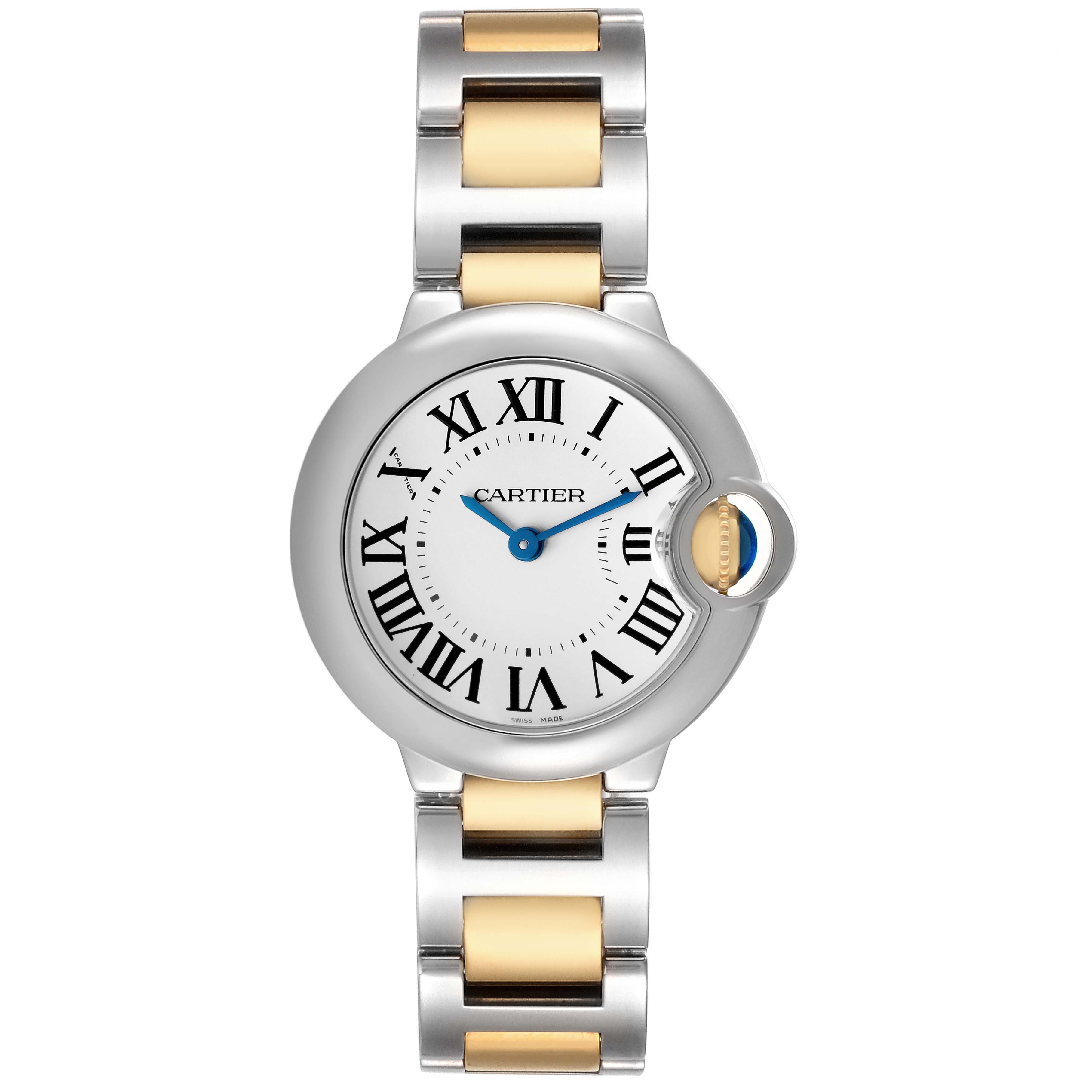 The Cartier Ballon Bleu W69007Z3 Women's Steel and Gold (two tone) Silver Dial watch is shown from a top-down angle, highlighting its round face, Roman numerals, and two-tone bracelet.