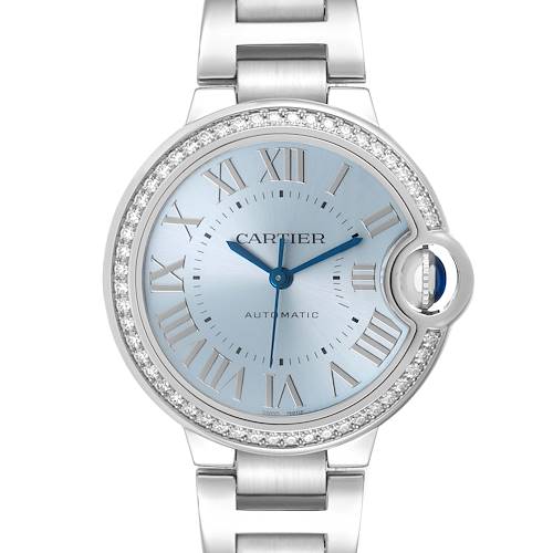 The Ballon Bleu by Cartier is shown from the front, displaying the watch face, bracelet, and diamond-set bezel.