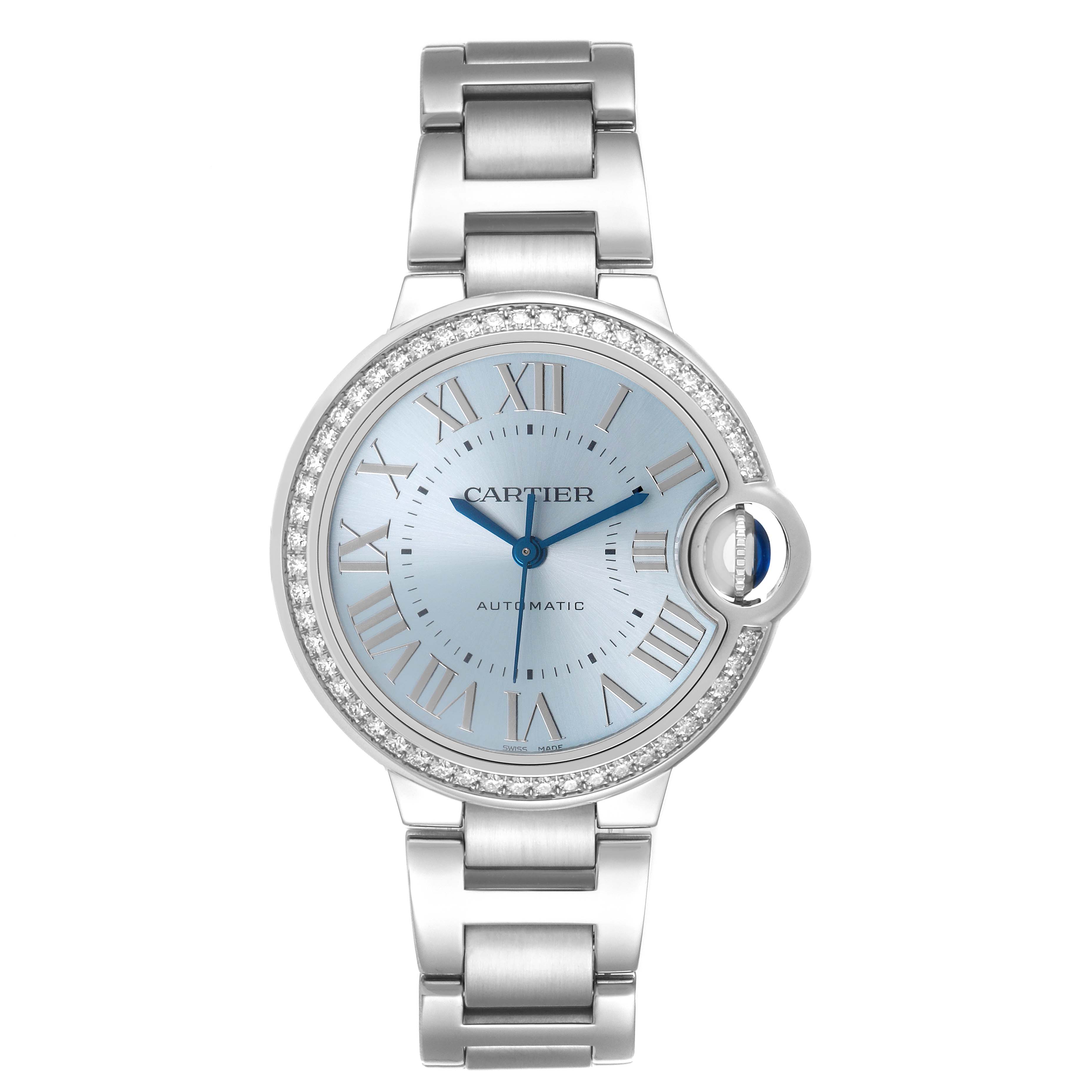 The watch is a Cartier Ballon Bleu W4BB0028 Women's Stainless Steel Blue Dial, shown from the front displaying the face, bezel, and part of the bracelet.