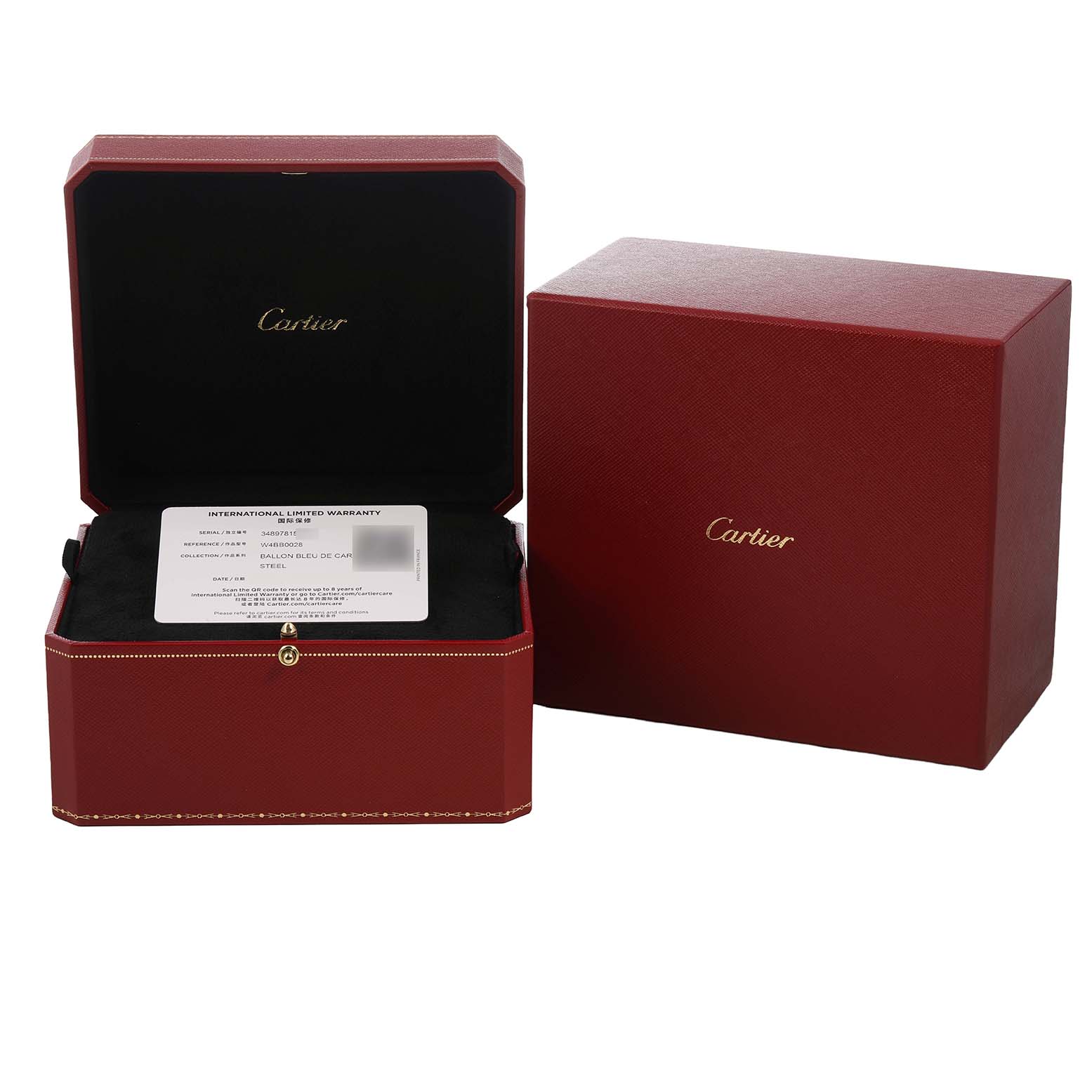 The image shows the open and closed red Cartier boxes with "Ballon Bleu" documents inside.