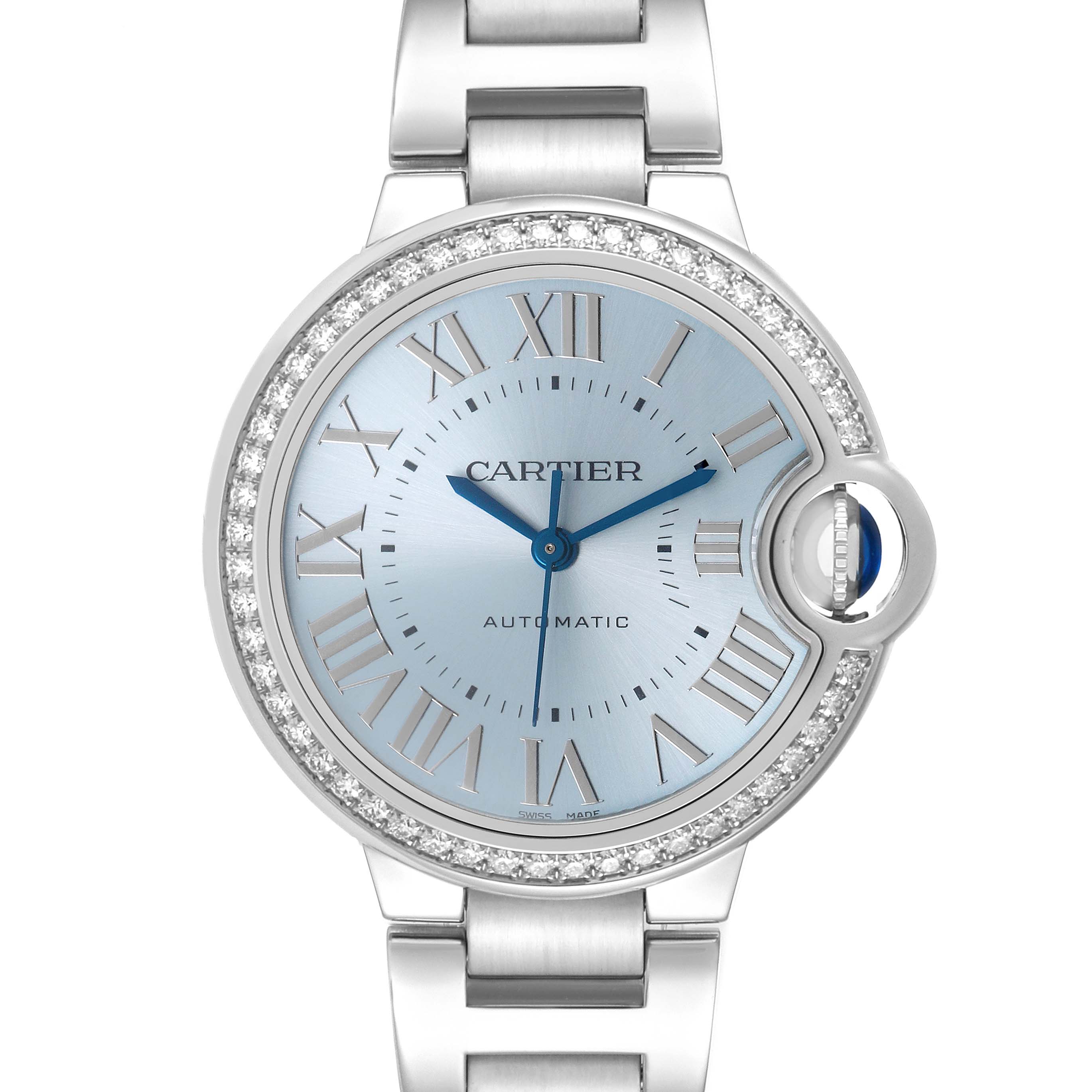 The Cartier Ballon Bleu W4BB0028 Women's Stainless Steel Blue Dial watch is shown from a front angle, displaying the face, bezel, and part of the bracelet.
