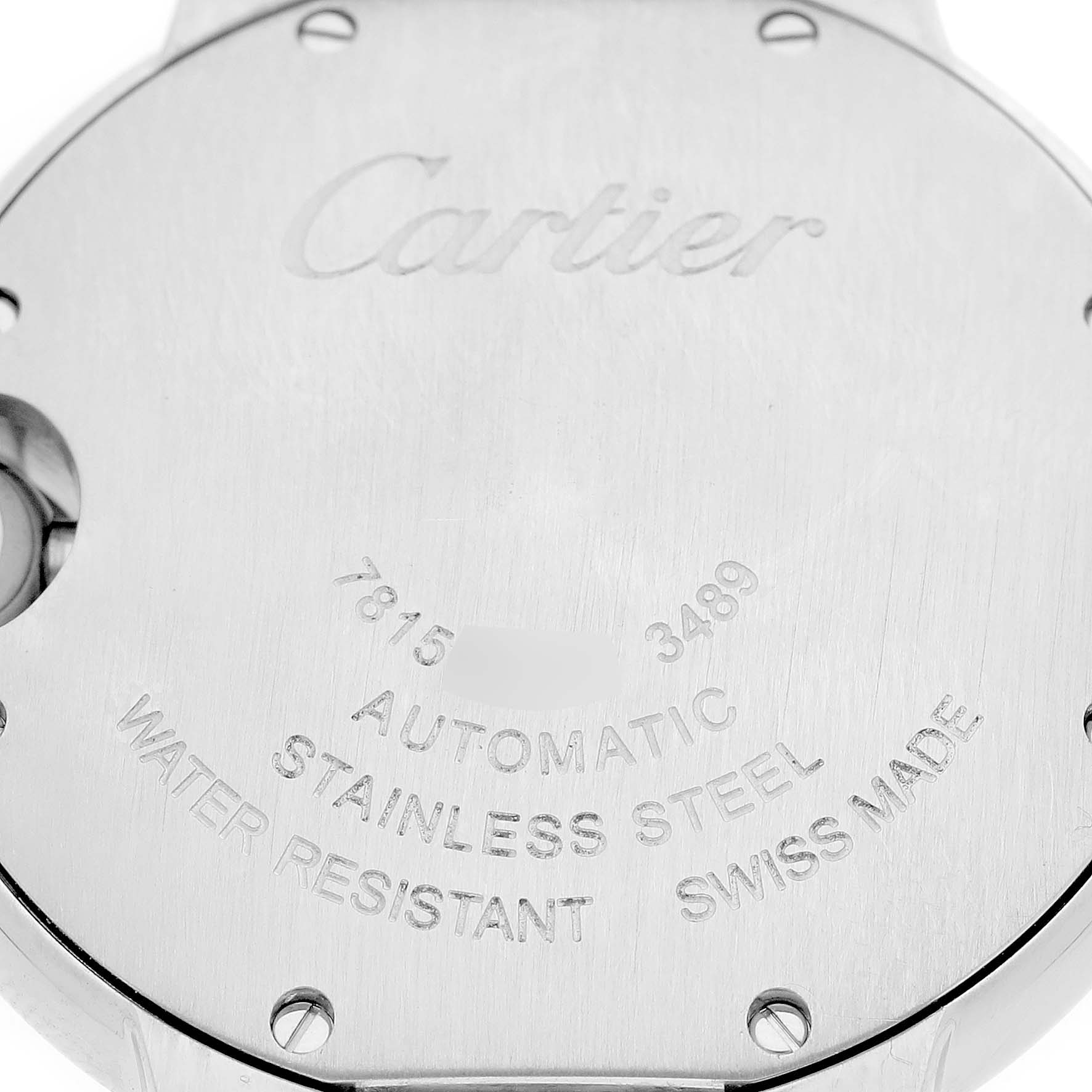 The image shows the back of a Cartier Ballon Bleu W4BB0028 Women's Stainless Steel Blue Dial watch, emphasizing its branding and inscriptions.