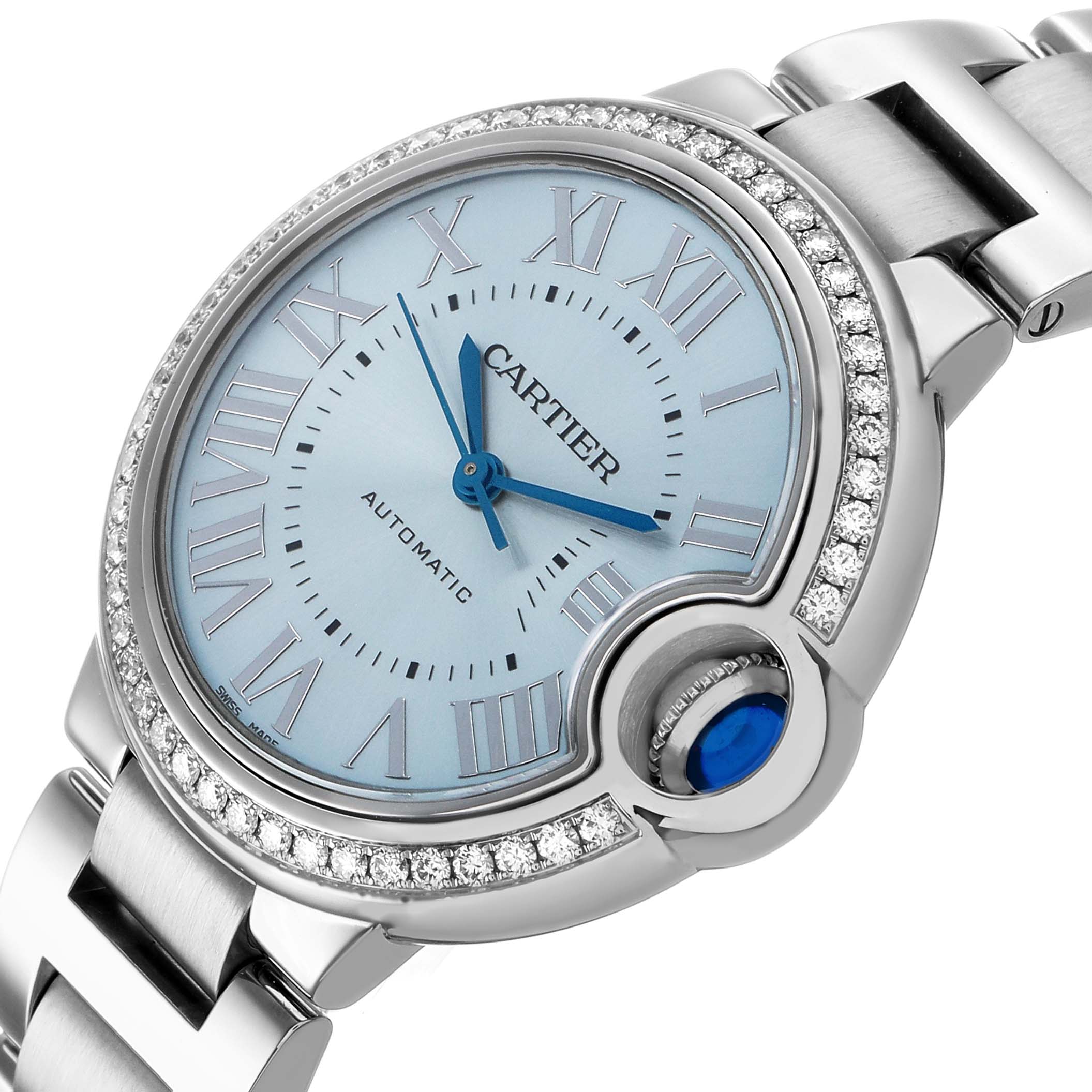 The Cartier Ballon Bleu W4BB0028 Women's Stainless Steel Blue Dial watch is shown at an angled close-up, highlighting its face, Roman numerals, and diamond bezel.
