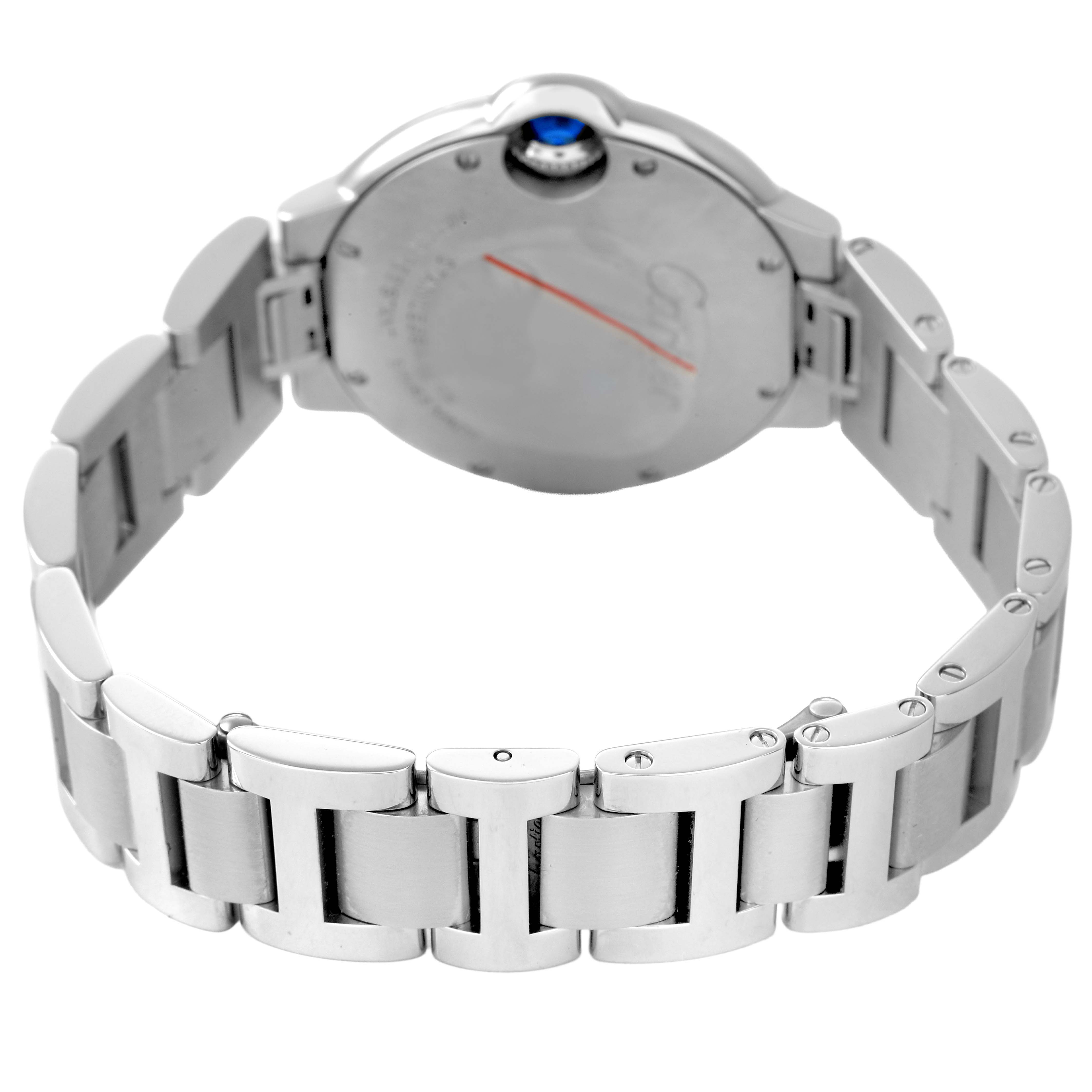 The Cartier Ballon Bleu W4BB0028 Women's Stainless Steel Blue Dial watch is shown at a rear angle, highlighting the case back and metal bracelet.