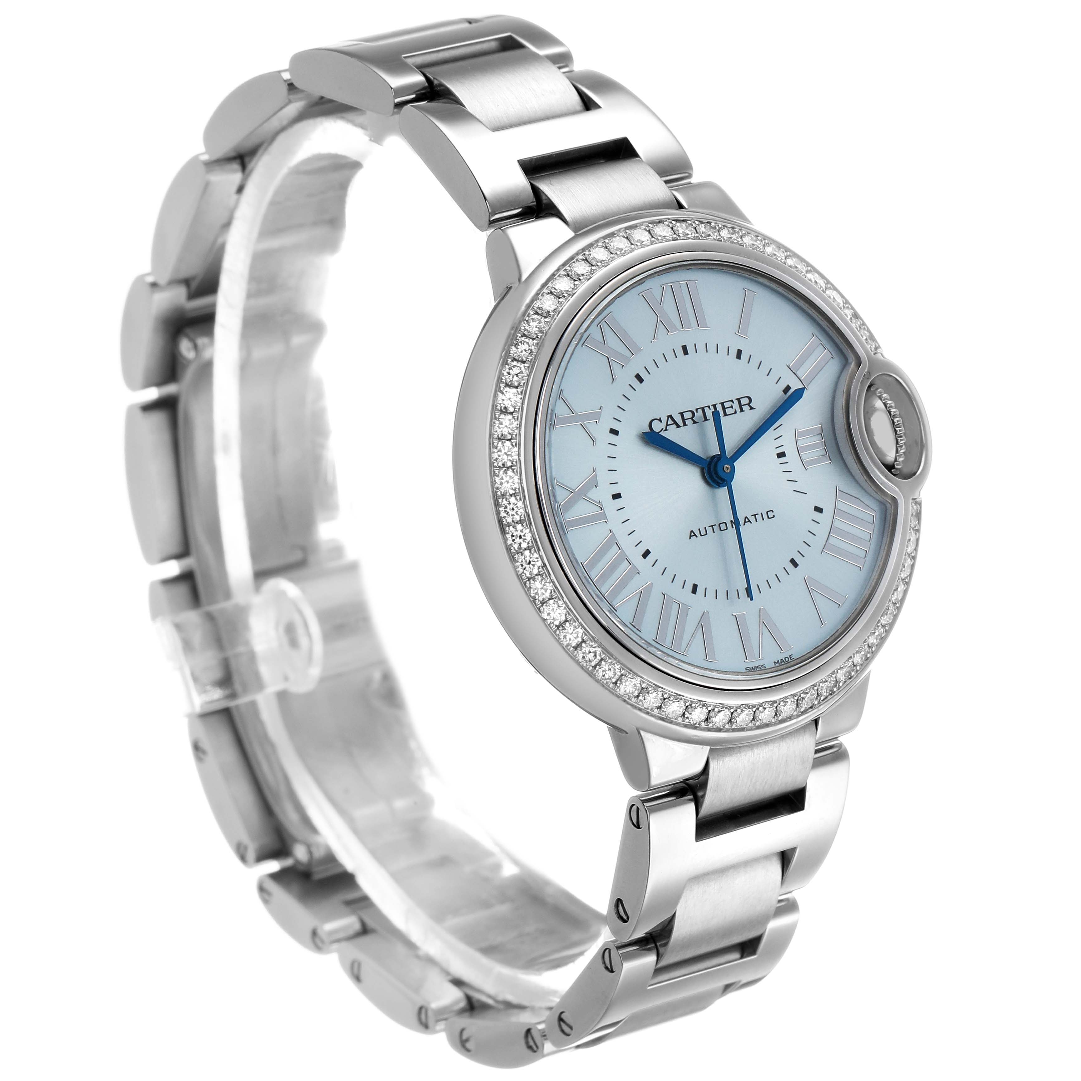 The Cartier Ballon Bleu W4BB0028 Women's Stainless Steel Blue Dial watch is shown at a side angle, displaying the face, bracelet, and diamond-set bezel.