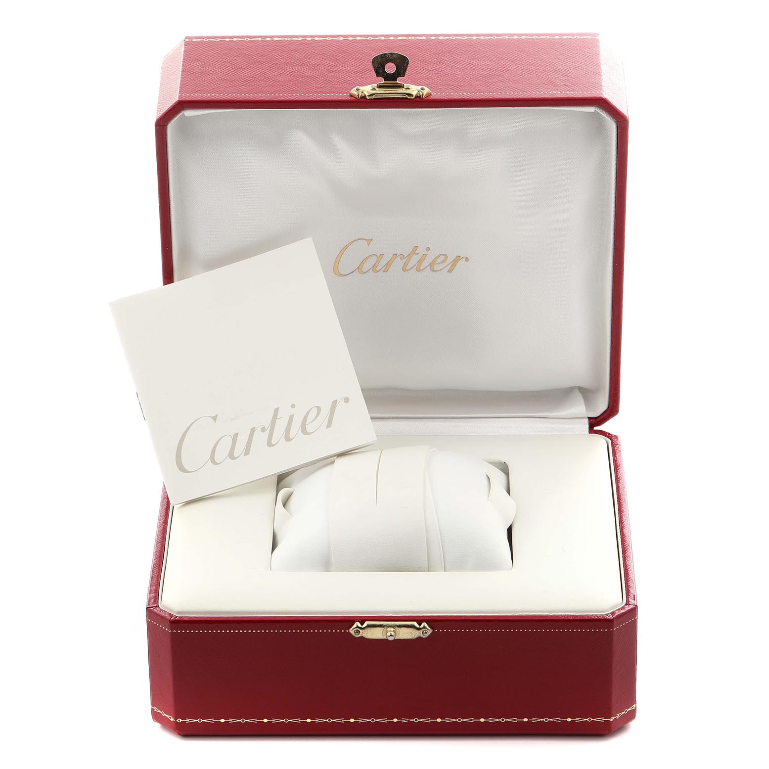 The image shows the Cartier Tortue WB6009L8 Women
s Yellow Gold Silver Dial WB6009L8 Women
s Yellow Gold Silver Dial watch
s box, with a red exterior, open lid, and an instruction booklet inside.