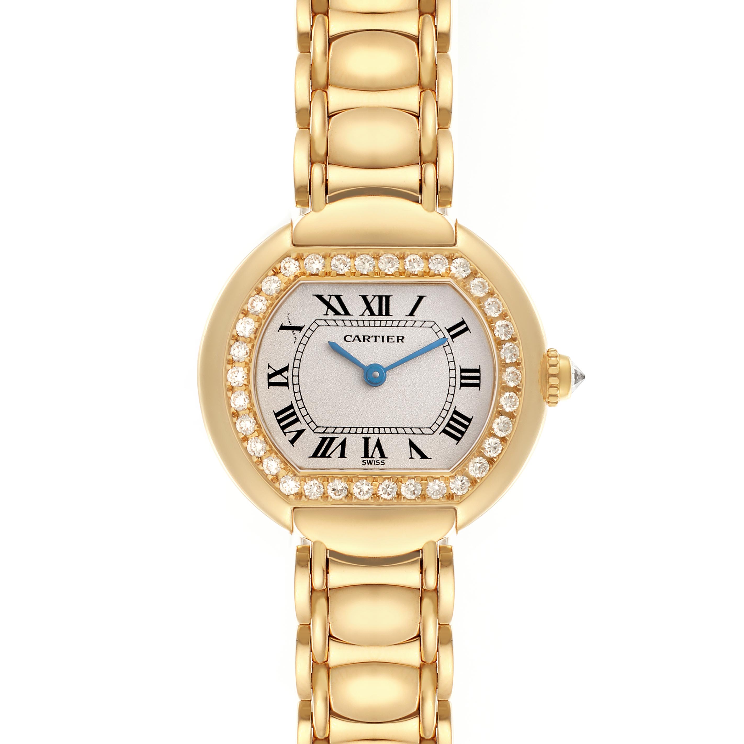 The Cartier Tortue WB6009L8 Women
s Yellow Gold Silver Dial WB6009L8 Women
s Yellow Gold Silver Dial watch is shown from a top-down angle, highlighting the face, bezel, and part of the bracelet.