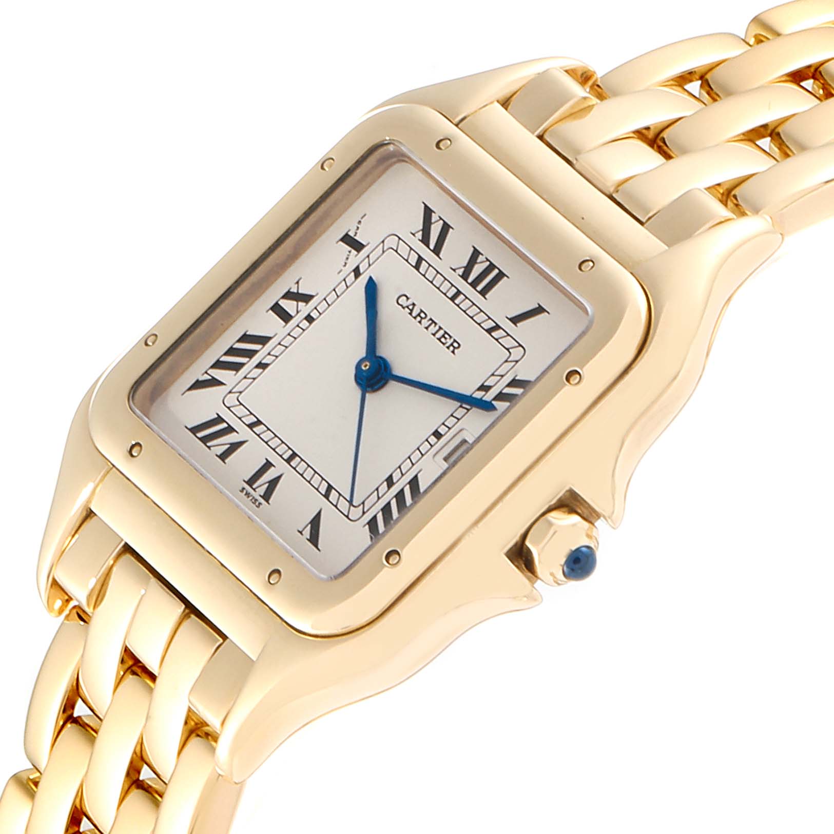 The image shows a close-up angle of the Cartier Panthere W25014B9 Men's Yellow Gold Silver Dial W25014B9 Men's Yellow Gold Silver Dial model watch, highlighting its gold case, blue hands, and Roman numeral dial.