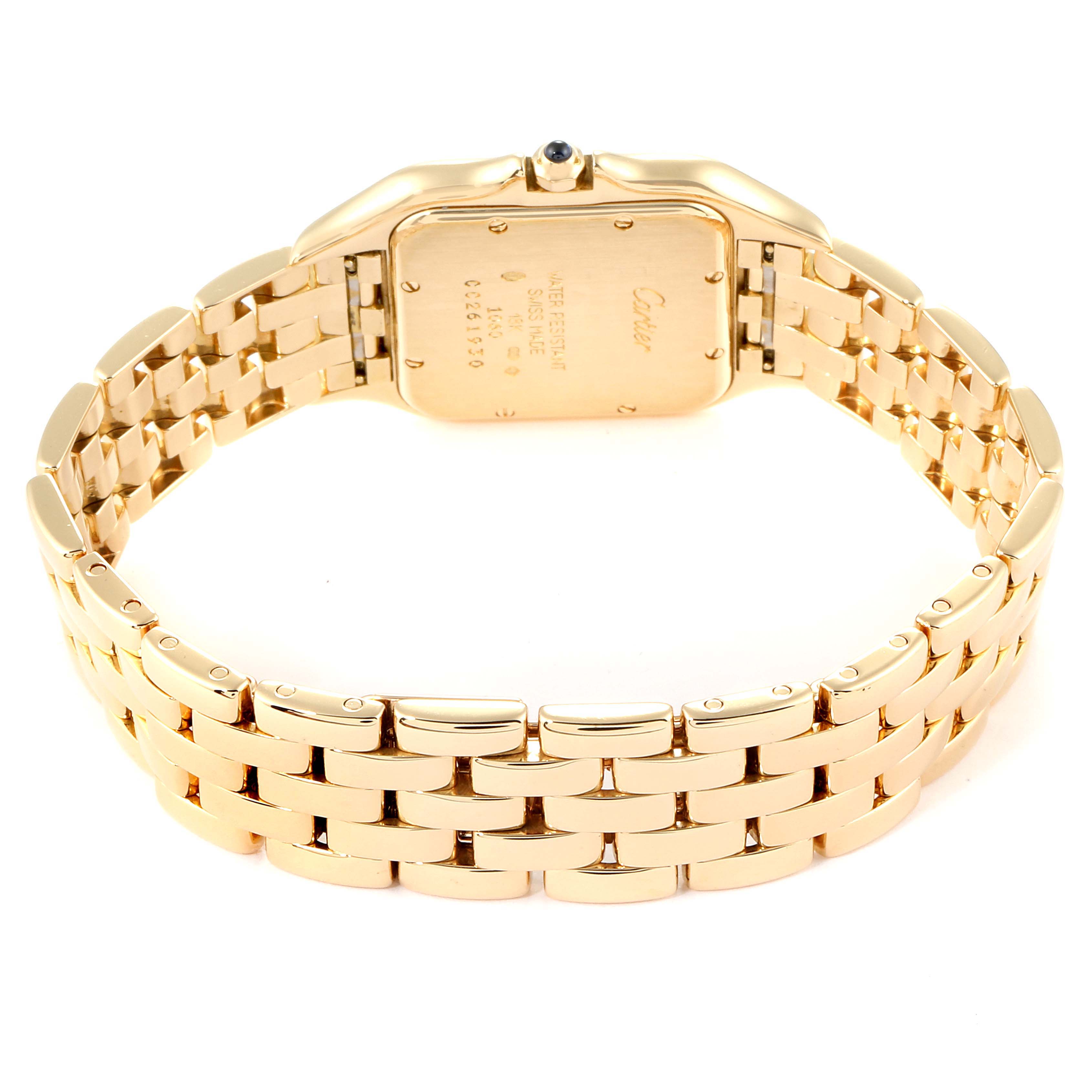 The image displays the back view of a Cartier Panthere W25014B9 Men's Yellow Gold Silver Dial W25014B9 Men's Yellow Gold Silver Dial watch, showcasing its gold bracelet and case back.