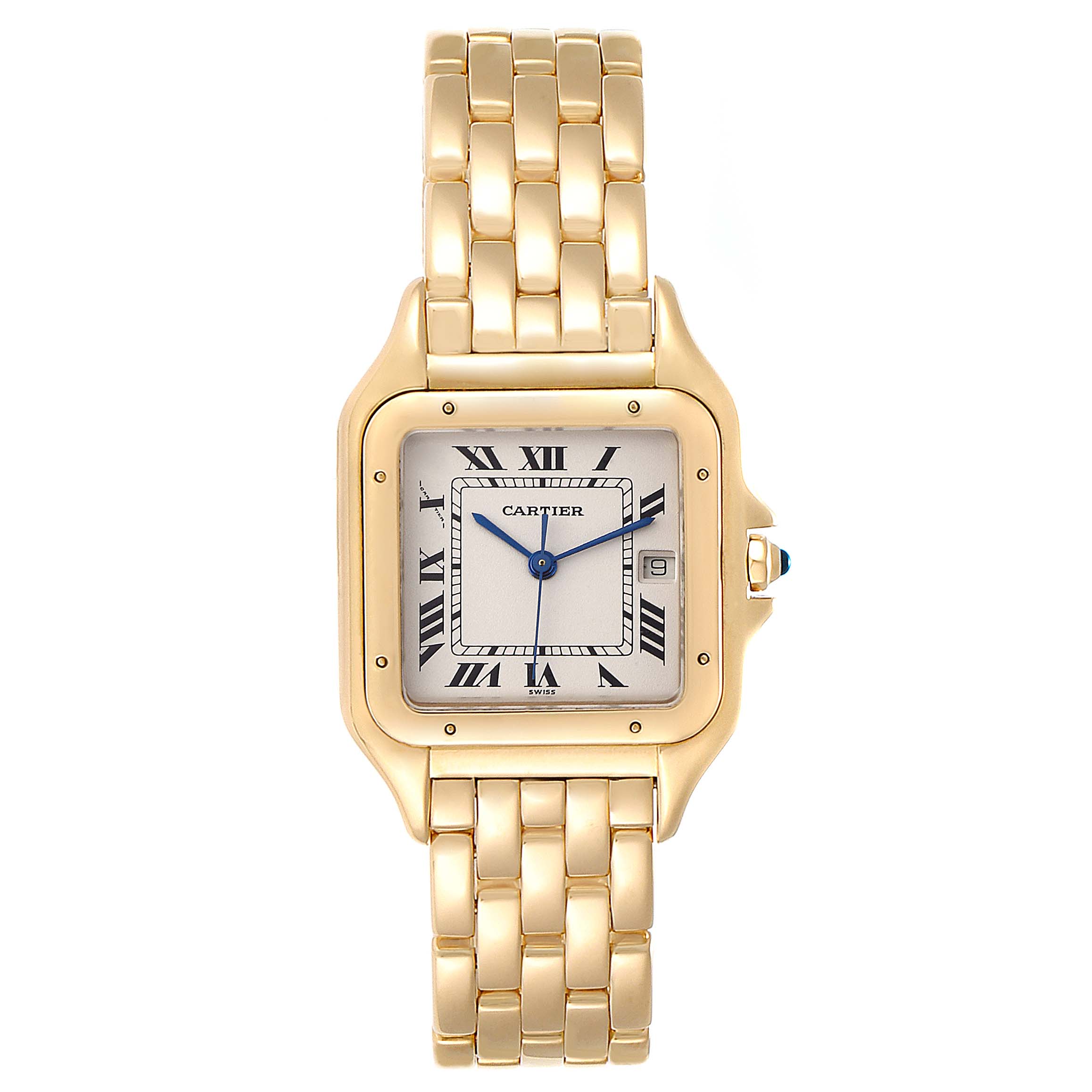 The image shows a Cartier Panthere W25014B9 Men's Yellow Gold Silver Dial W25014B9 Men's Yellow Gold Silver Dial watch from a frontal angle, highlighting its face, bezel, crown, and bracelet.