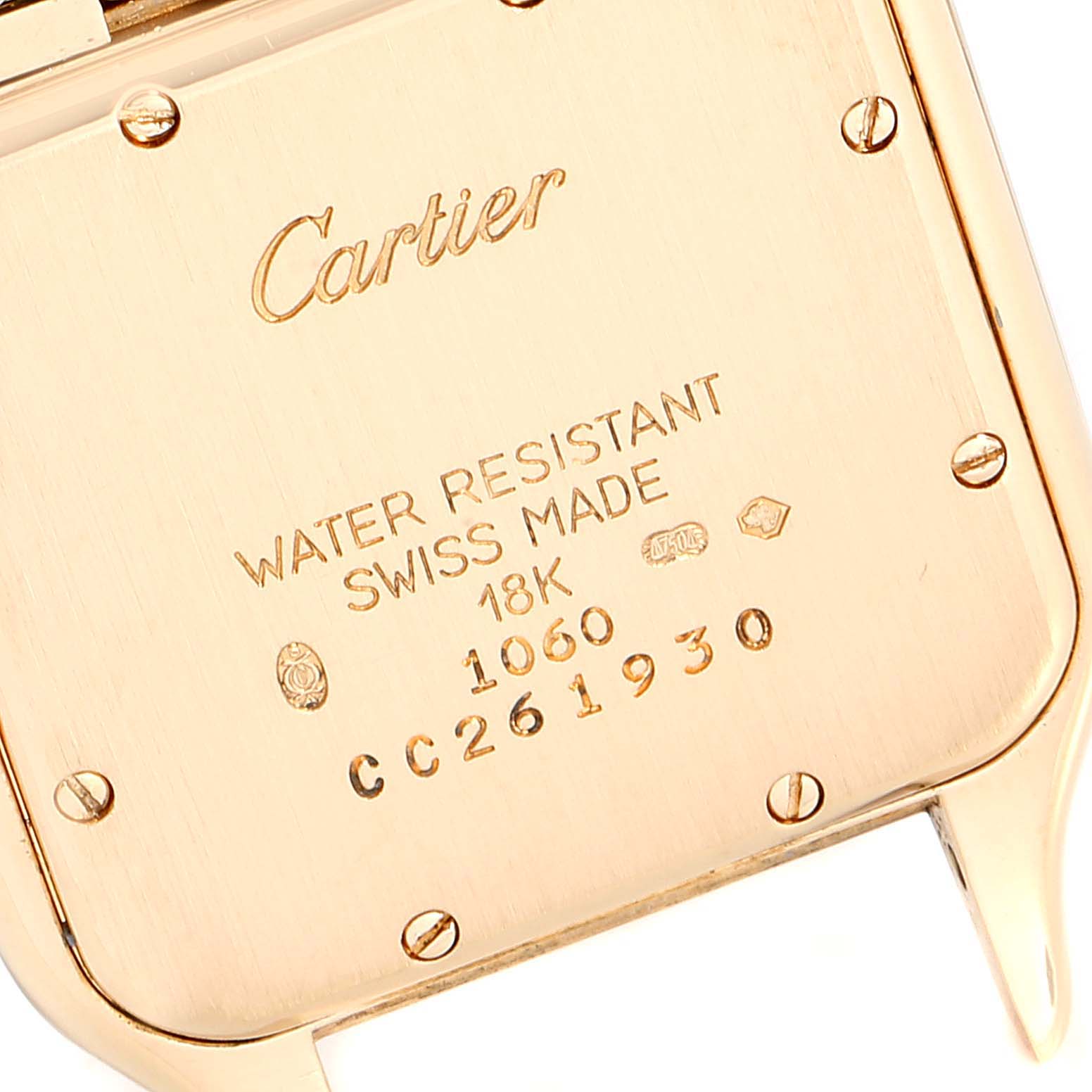 The image shows the back case of a Cartier Panthere W25014B9 Men's Yellow Gold Silver Dial W25014B9 Men's Yellow Gold Silver Dial watch angled at the back.