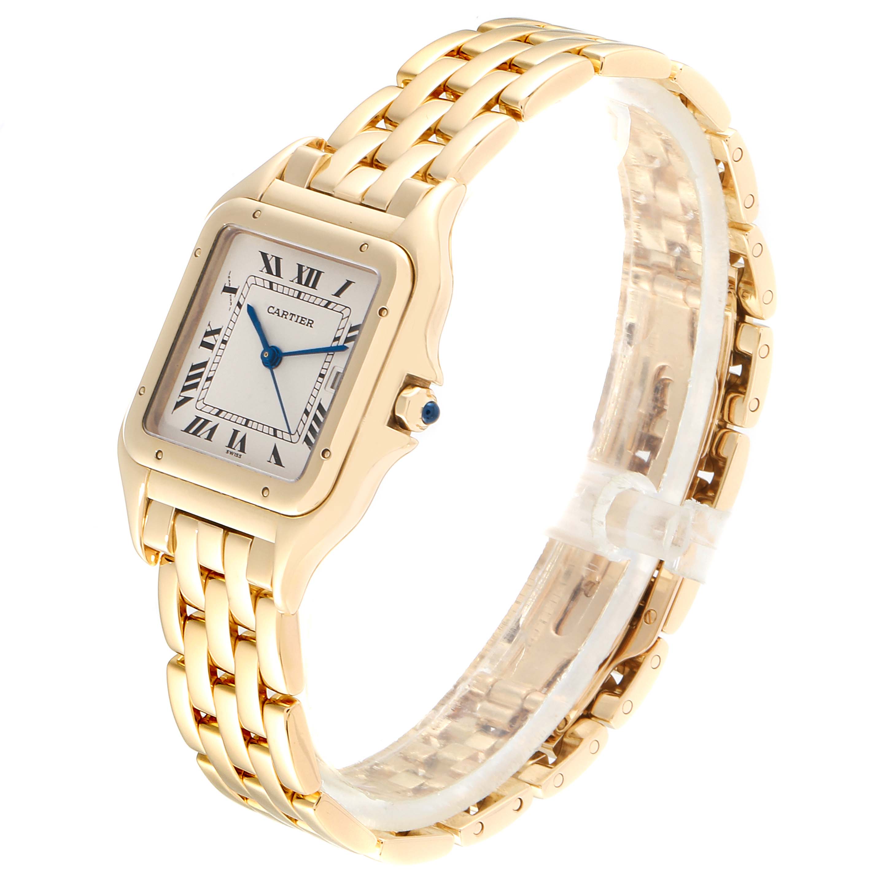 This Cartier Panthere W25014B9 Men's Yellow Gold Silver Dial W25014B9 Men's Yellow Gold Silver Dial watch is shown at an angle displaying the face, bezel, and part of the bracelet.