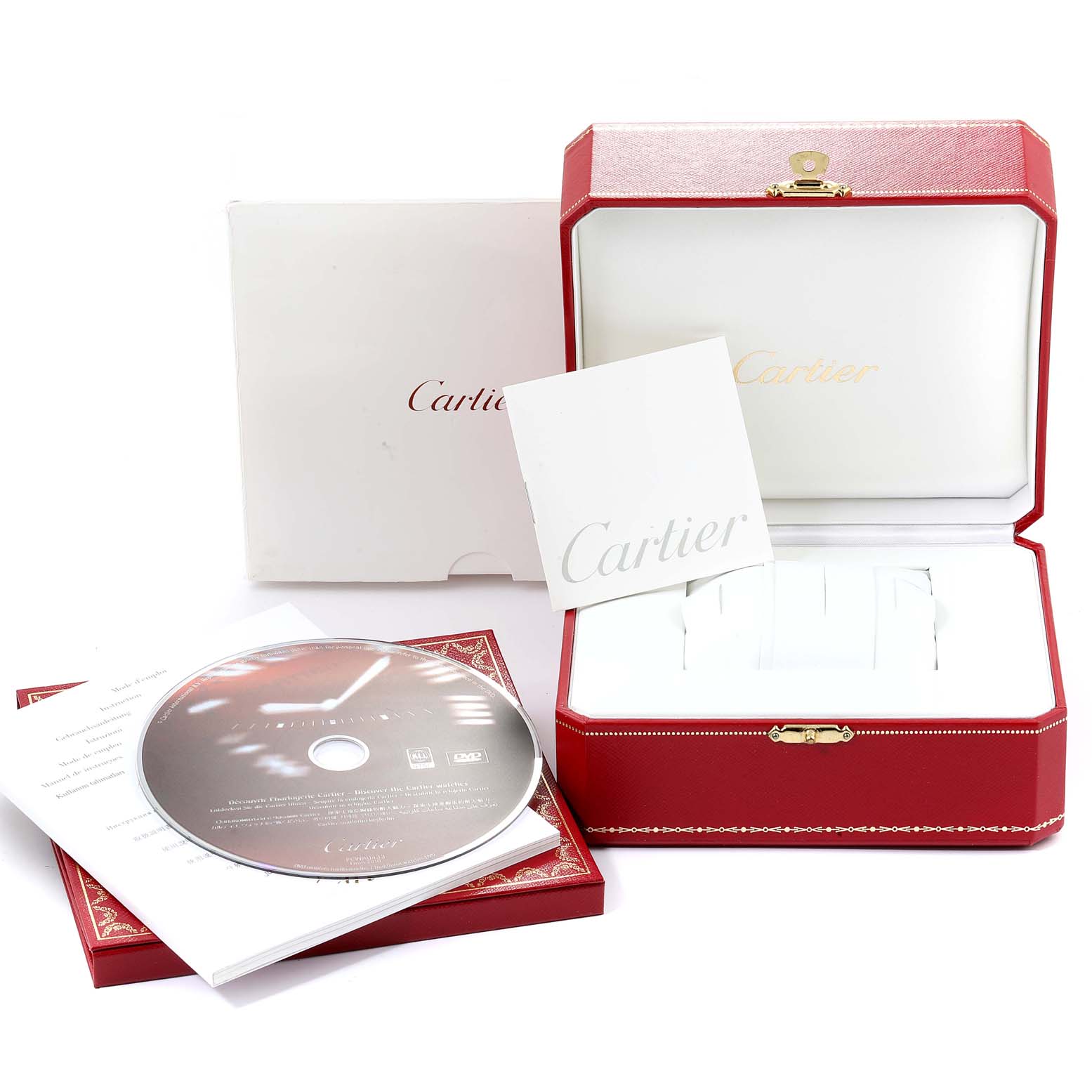This Cartier Panthere W25014B9 Men's Yellow Gold Silver Dial W25014B9 Men's Yellow Gold Silver Dial watch packaging includes a red box, manuals, and a CD, all displayed from a front angle.
