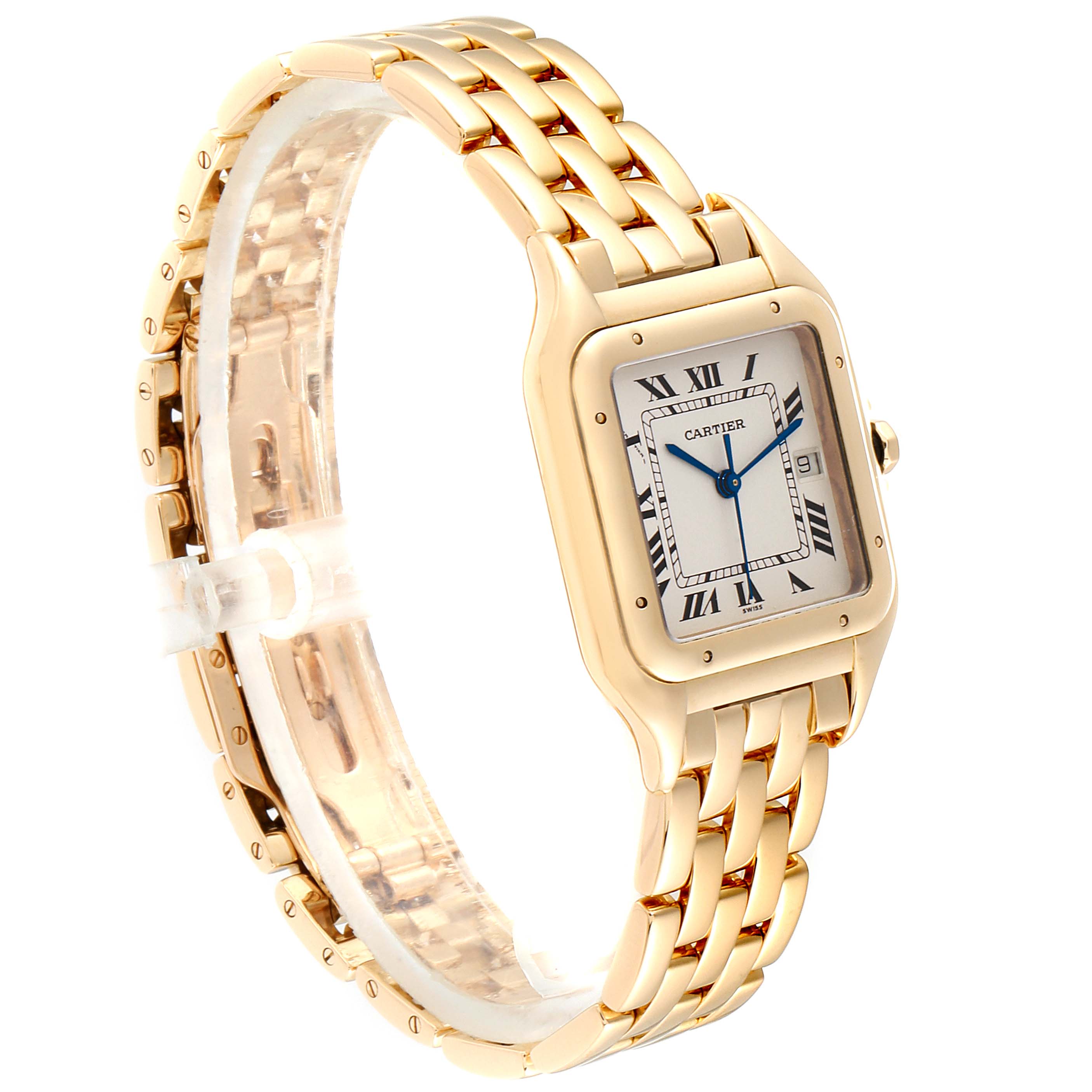 The image shows a Cartier Panthere W25014B9 Men's Yellow Gold Silver Dial W25014B9 Men's Yellow Gold Silver Dial watch at a 45-degree angle, highlighting its gold bracelet and rectangular face.