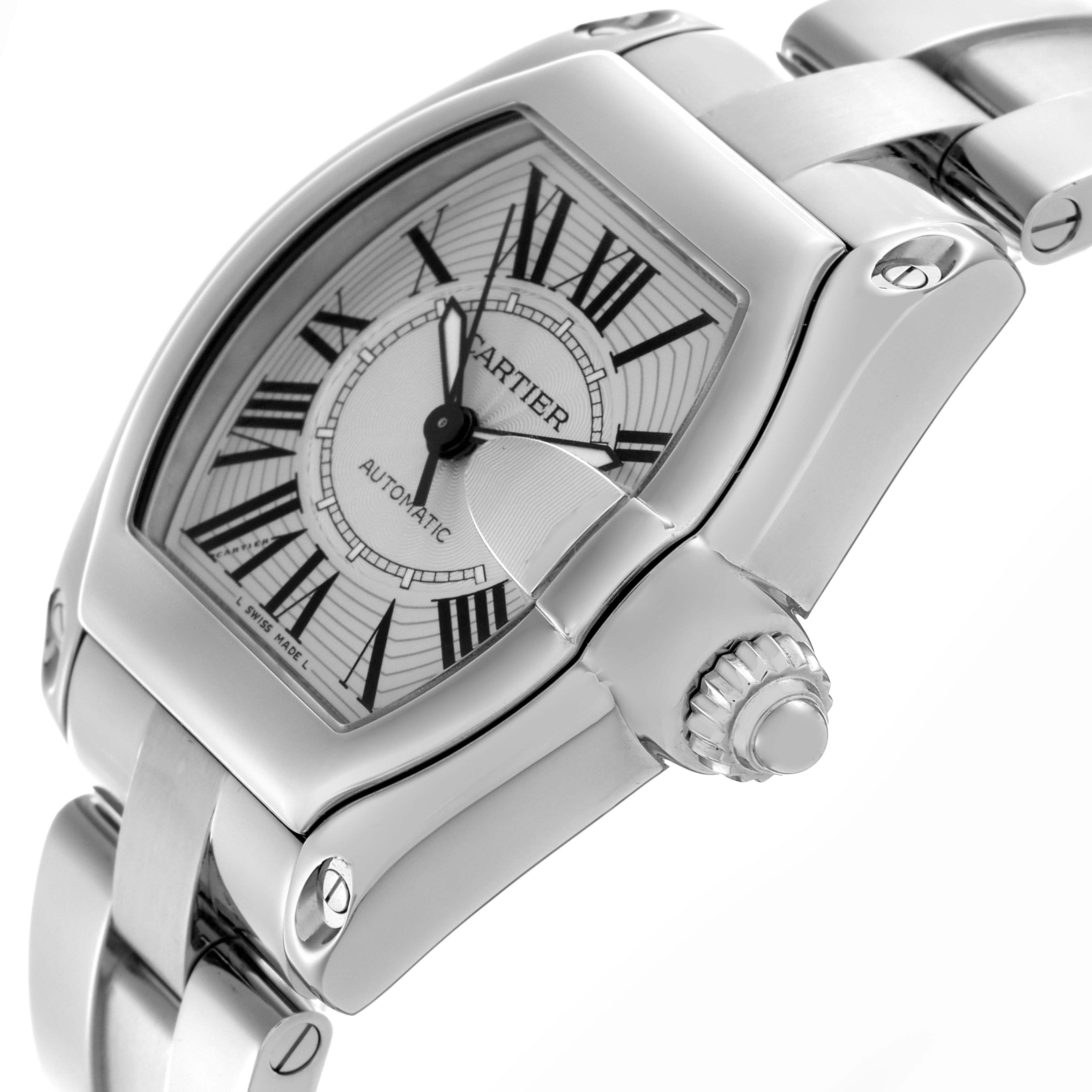 The Cartier Roadster W62025V3 Men
s Stainless Steel Silver Dial W62025V3 Men
s Stainless Steel Silver Dial watch is shown at an angle highlighting the dial, crown, and part of the bracelet.
