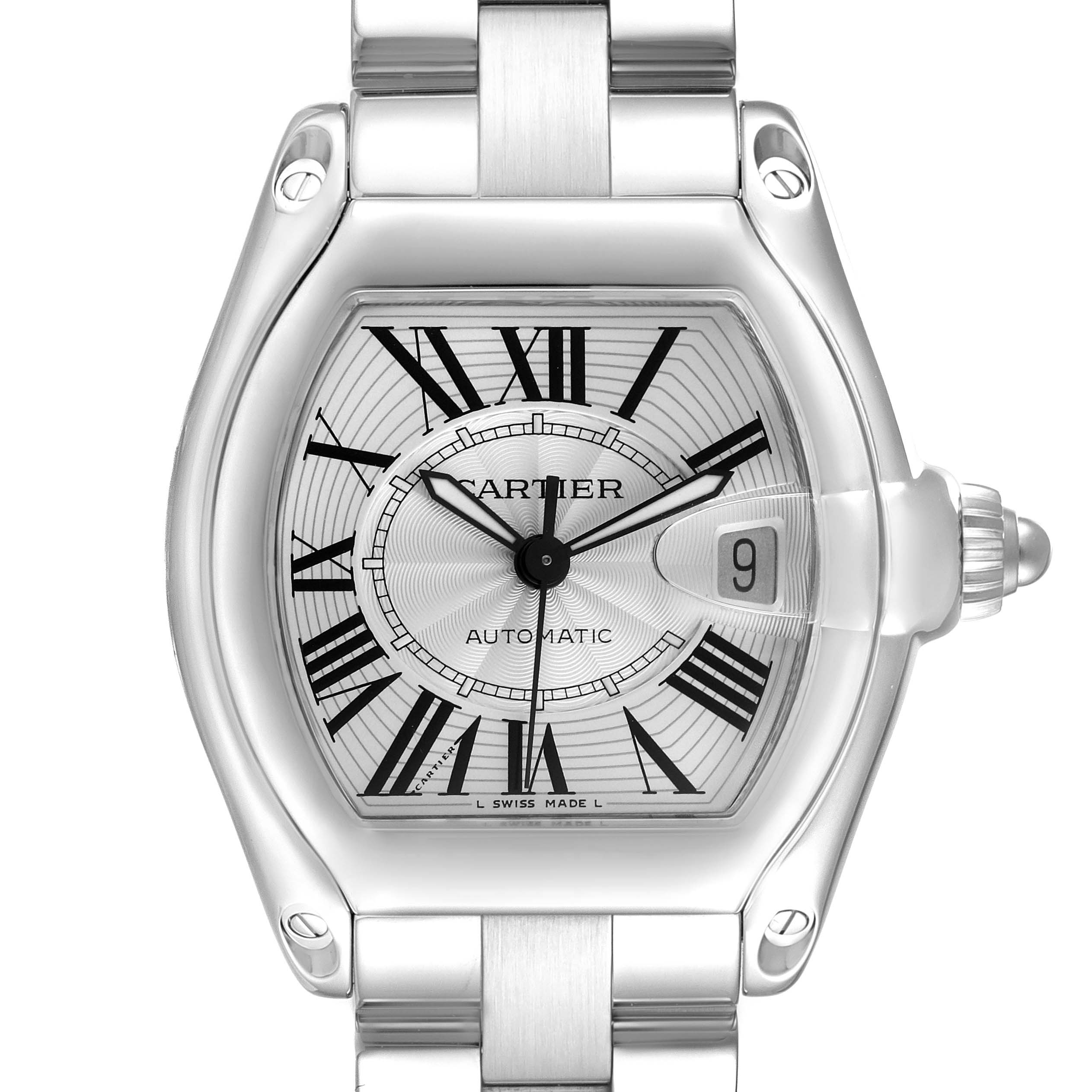 The Cartier Roadster W62025V3 Men
s Stainless Steel Silver Dial W62025V3 Men
s Stainless Steel Silver Dial watch is shown from the front, highlighting the dial, bezel, and part of the bracelet.