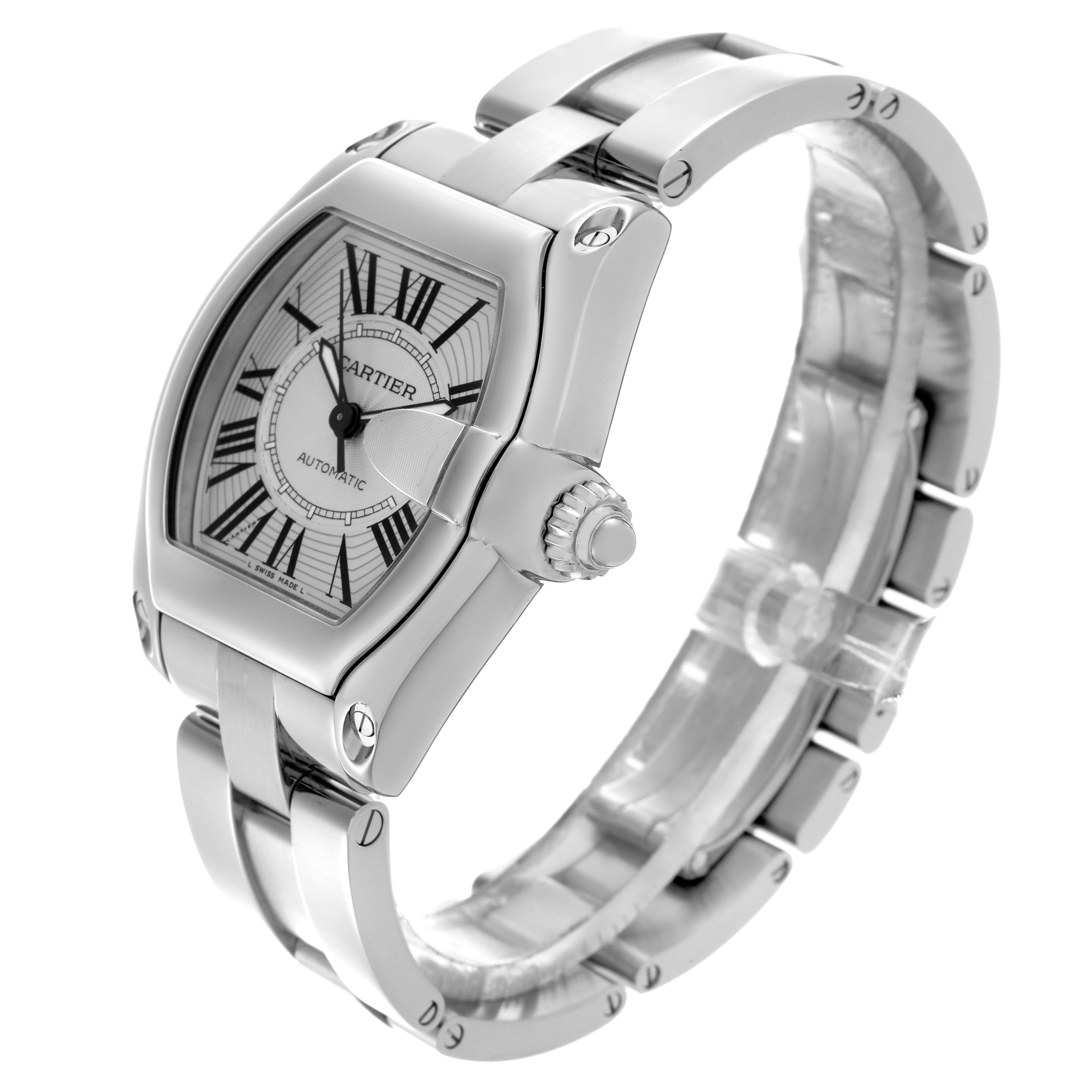 The Cartier Roadster W62025V3 Men
s Stainless Steel Silver Dial W62025V3 Men
s Stainless Steel Silver Dial watch is shown from a top-side angle, highlighting the case, dial, crown, and bracelet.