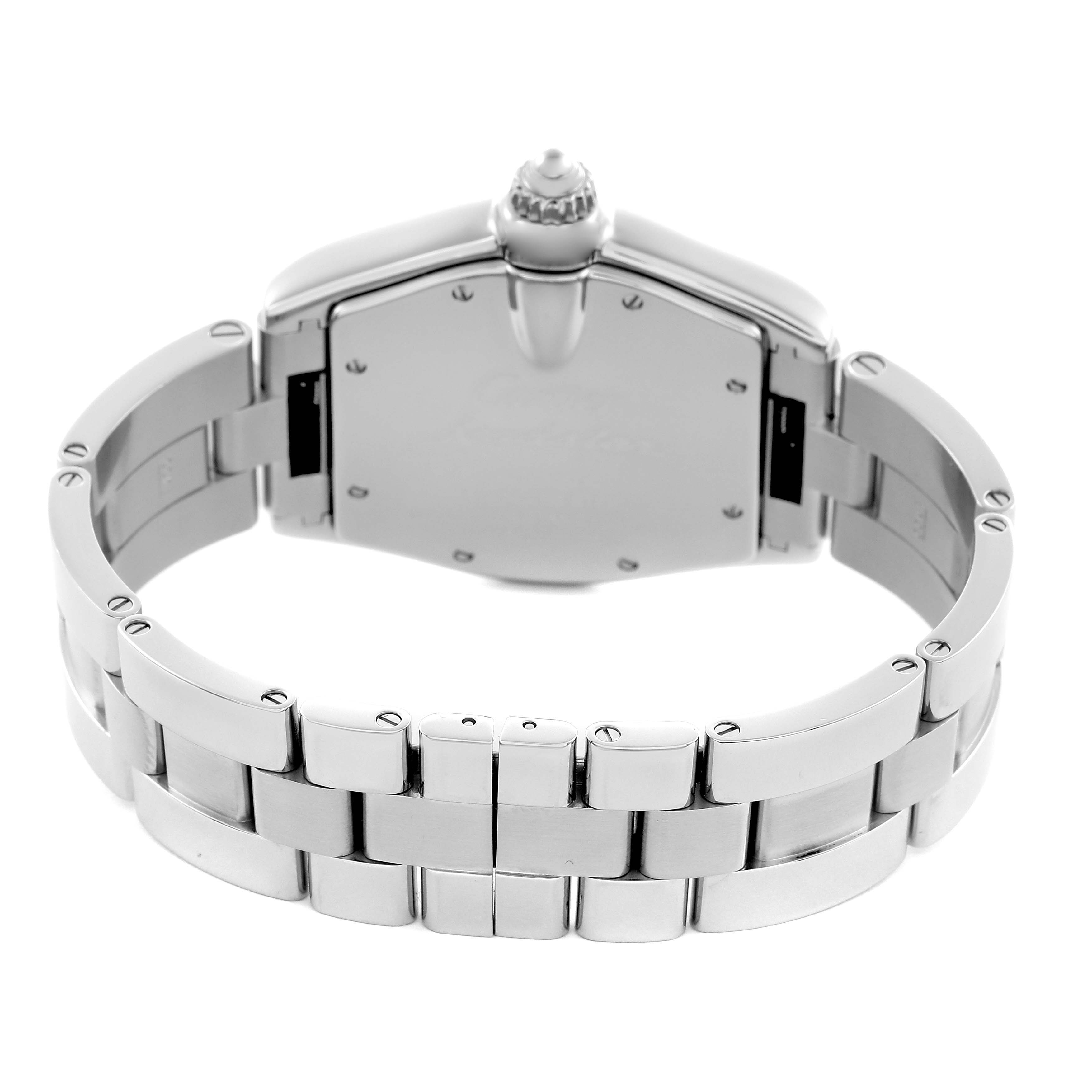 The image shows the back view of the Cartier Roadster W62025V3 Men
s Stainless Steel Silver Dial W62025V3 Men
s Stainless Steel Silver Dial watch, highlighting the bracelet and case back.