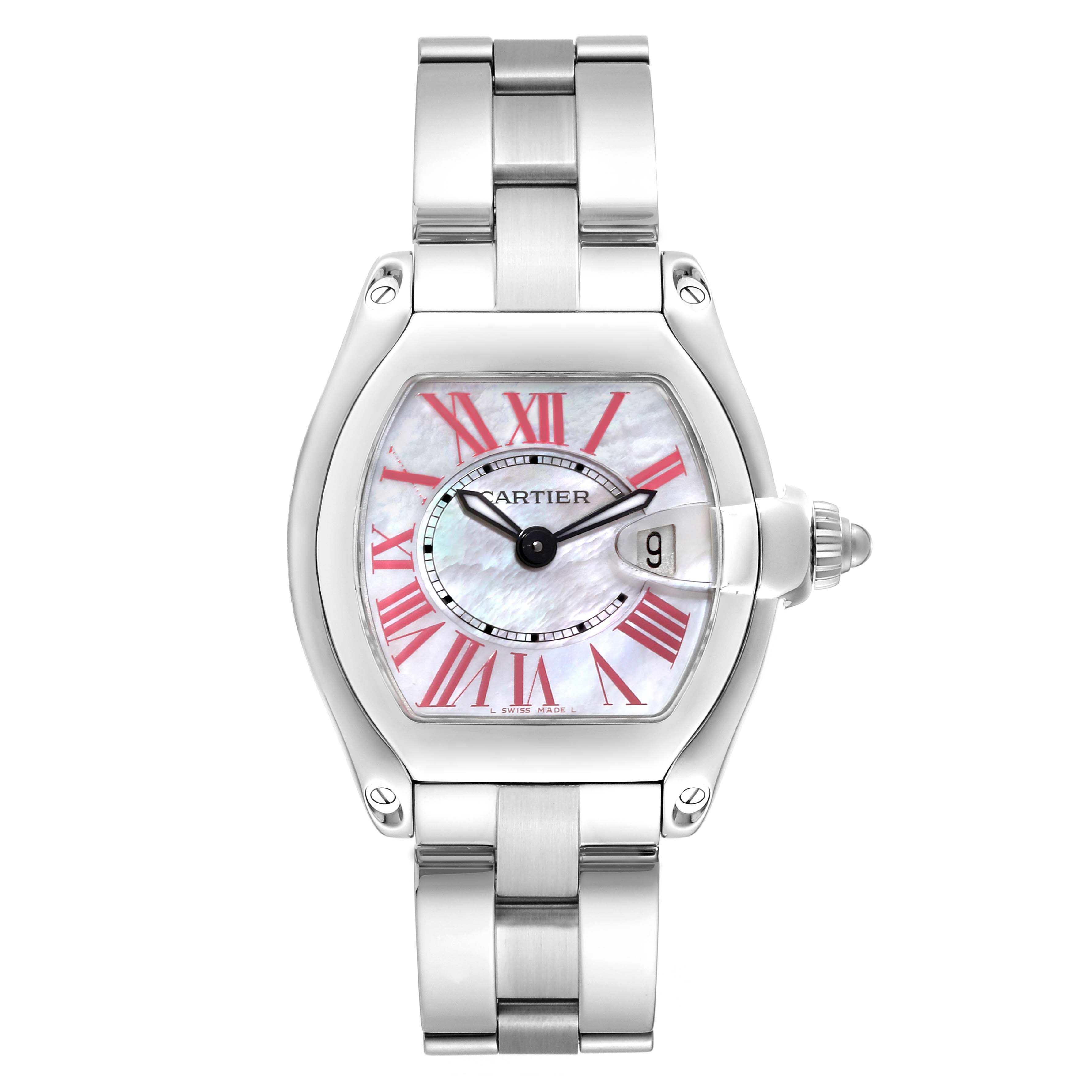 The image shows a frontal view of a Cartier Roadster W6206006 Women's Stainless Steel Mother of Pearl Dial W6206006 Women's Stainless Steel Mother of Pearl Dial watch, featuring its face, bracelet, and clasp.