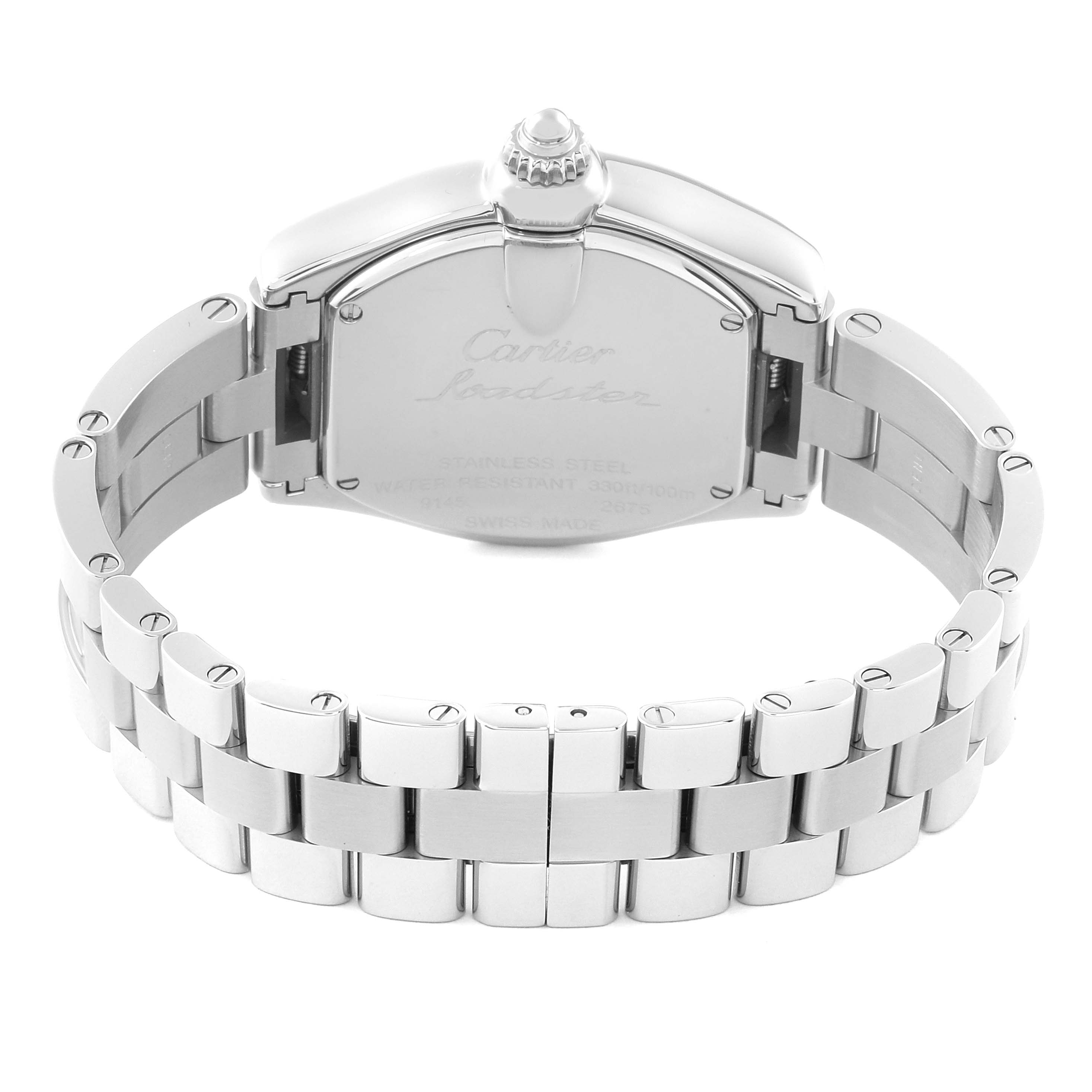 The image shows the back view of the Cartier Roadster W6206006 Women's Stainless Steel Mother of Pearl Dial W6206006 Women's Stainless Steel Mother of Pearl Dial watch, highlighting its stainless steel case and bracelet.