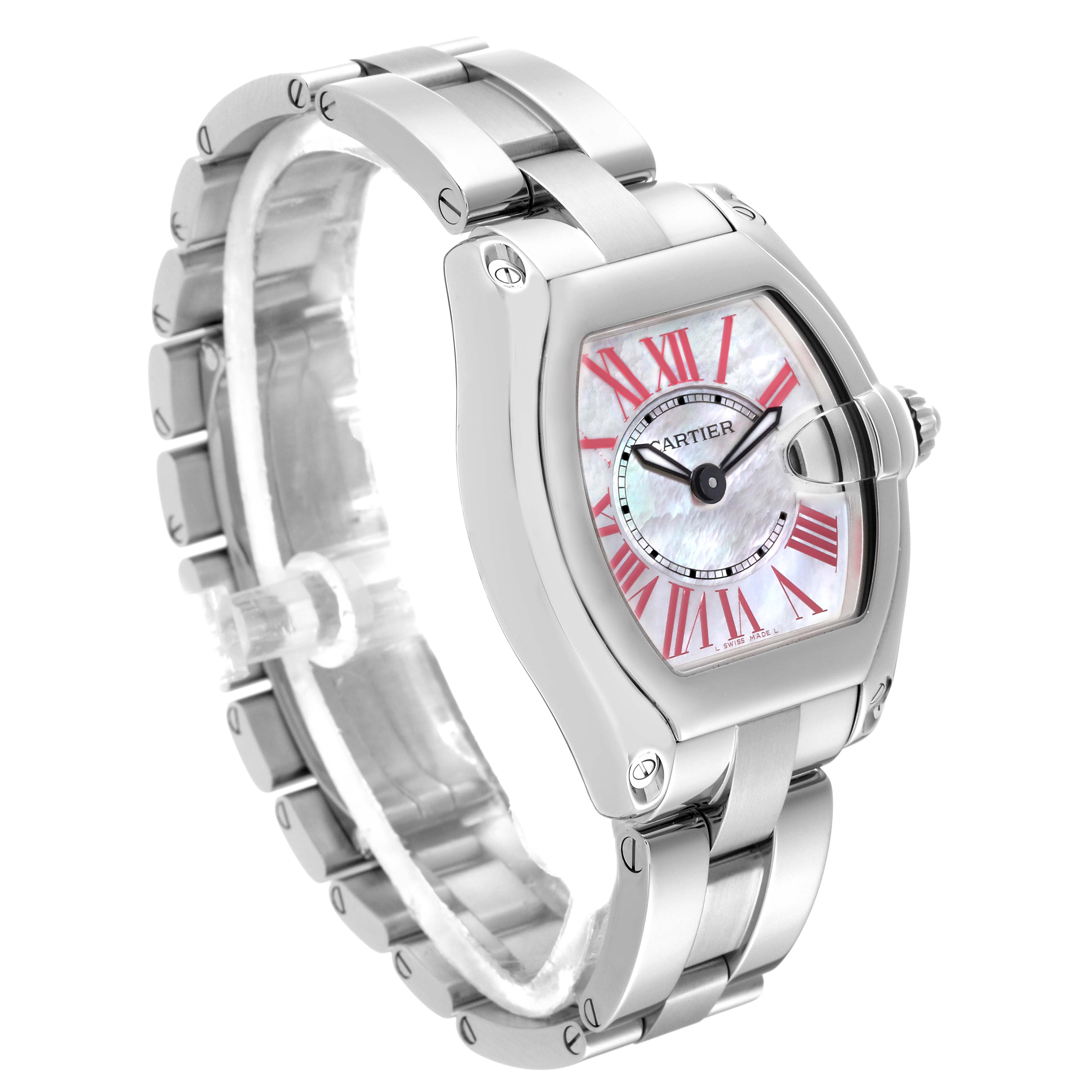 The image shows a Cartier Roadster W6206006 Women's Stainless Steel Mother of Pearl Dial W6206006 Women's Stainless Steel Mother of Pearl Dial watch at an angled side view, displaying the face, case, and full bracelet.