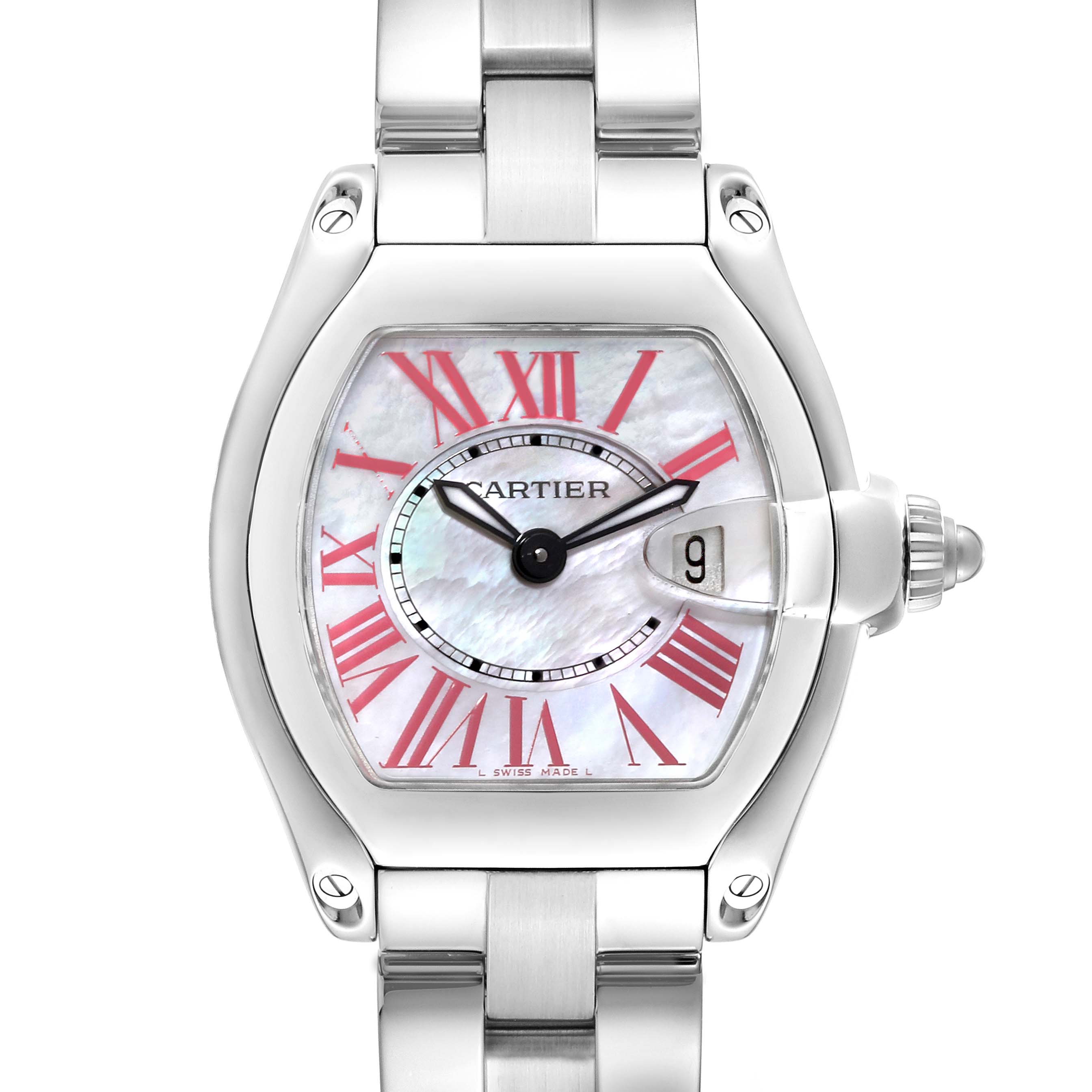 The image shows a frontal view of the Cartier Roadster W6206006 Women's Stainless Steel Mother of Pearl Dial W6206006 Women's Stainless Steel Mother of Pearl Dial watch, highlighting its face, bracelet, and crown.
