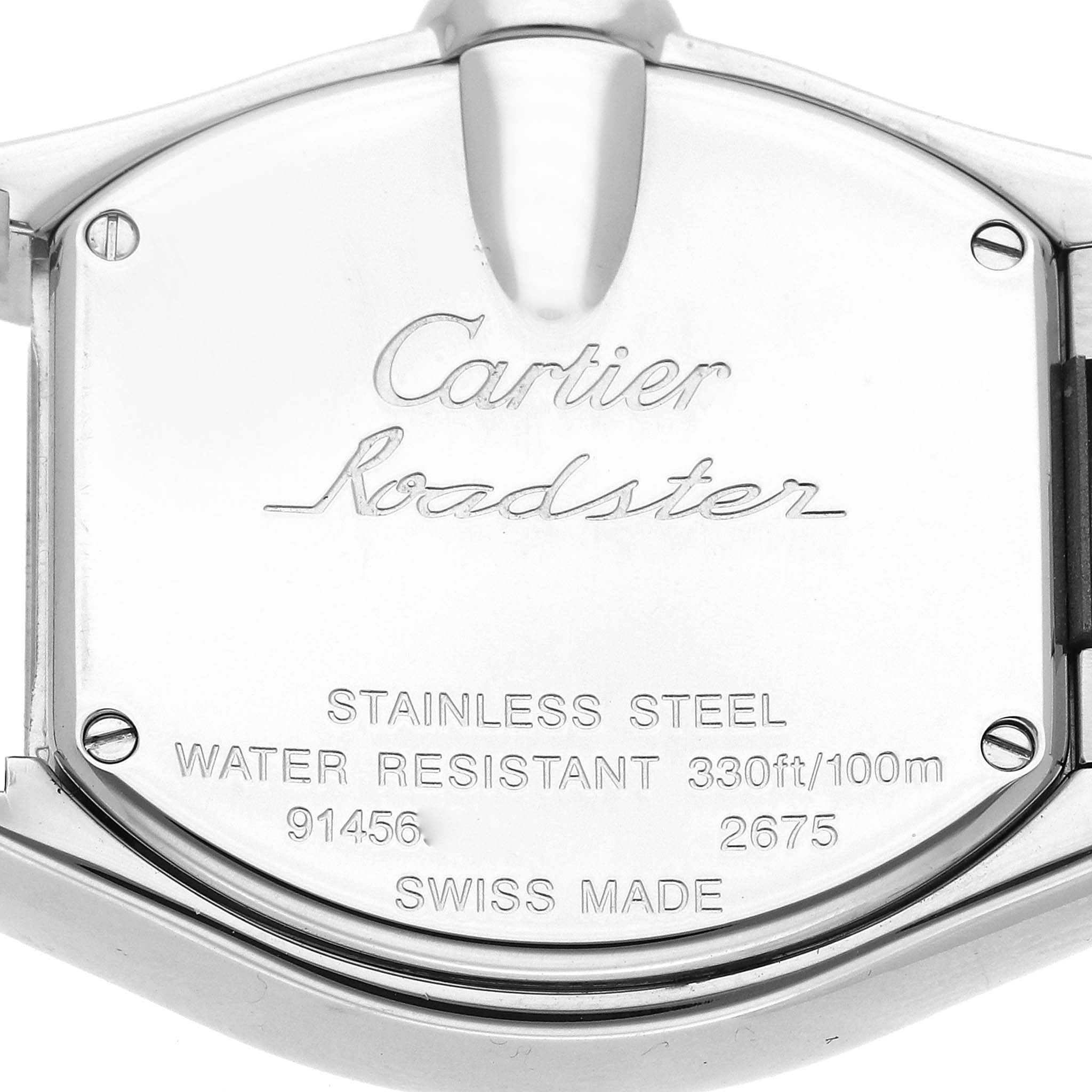 The image shows the stainless steel back case of a Cartier Roadster W6206006 Women's Stainless Steel Mother of Pearl Dial W6206006 Women's Stainless Steel Mother of Pearl Dial watch, highlighting its water resistance and model details.