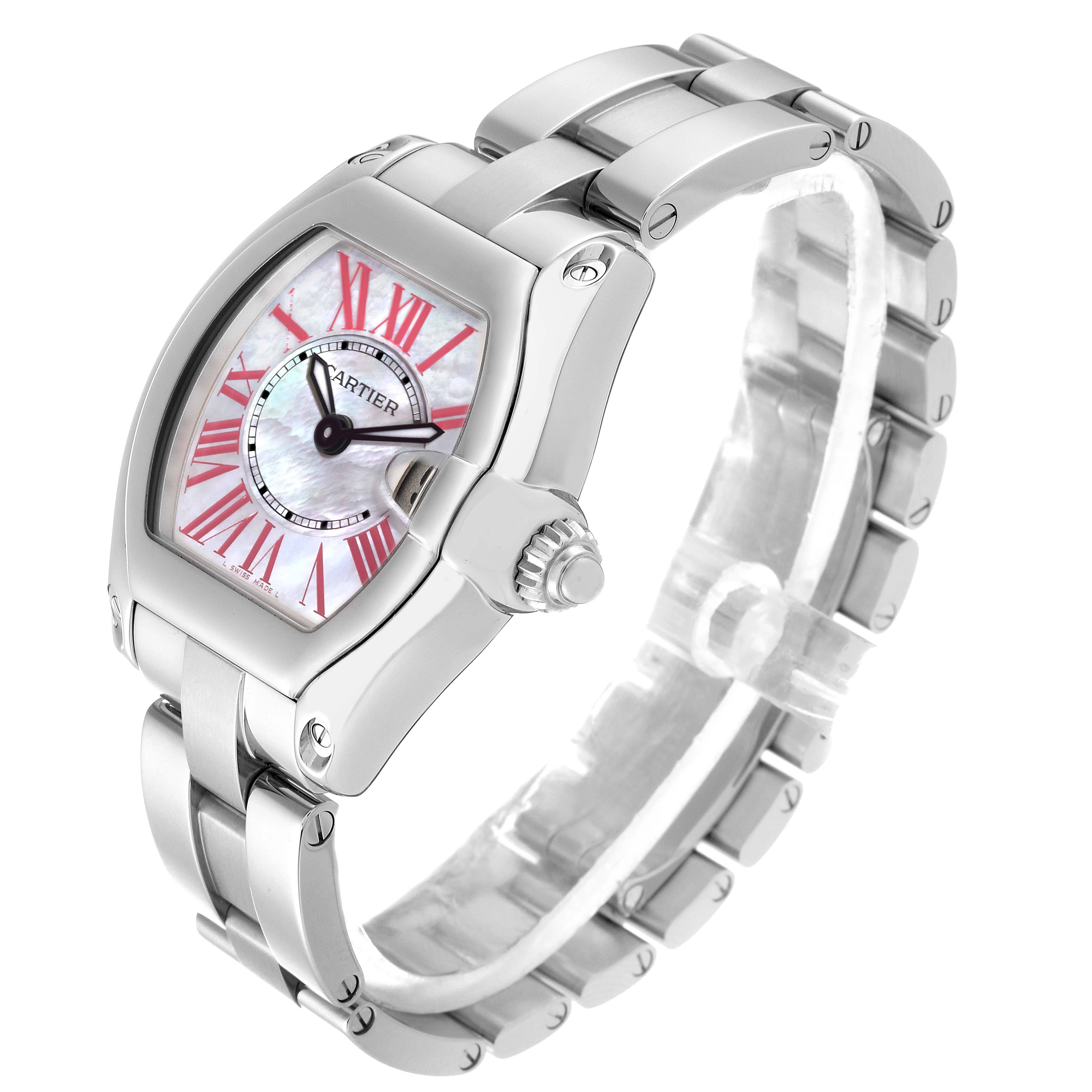 The watch is a Cartier Roadster W6206006 Women's Stainless Steel Mother of Pearl Dial W6206006 Women's Stainless Steel Mother of Pearl Dial model, shown from a three-quarter angle emphasizing the face, bezel, crown, and bracelet.