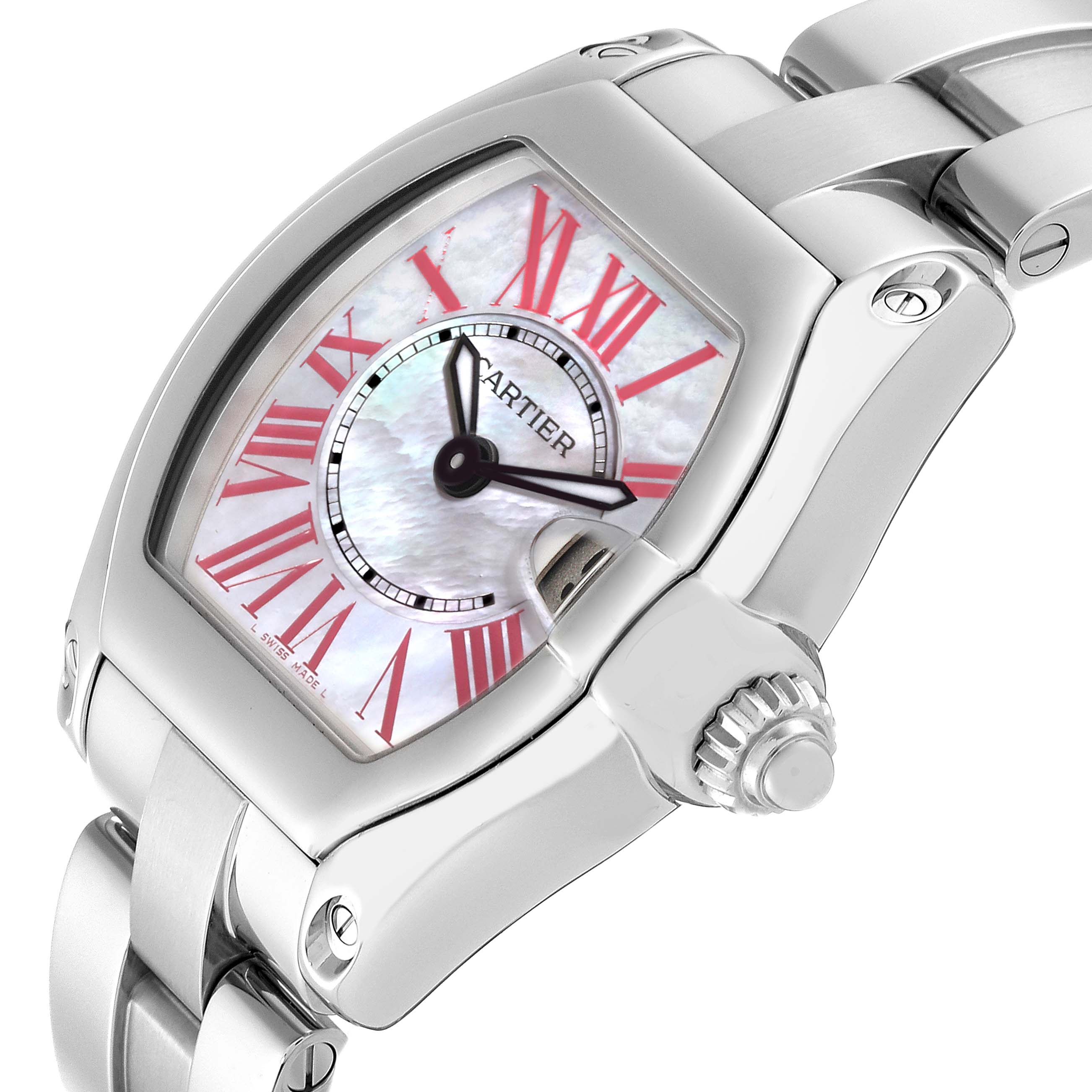 The Cartier Roadster W6206006 Women's Stainless Steel Mother of Pearl Dial W6206006 Women's Stainless Steel Mother of Pearl Dial watch is shown from a diagonal angle, highlighting its face, bezel, and portion of the bracelet.