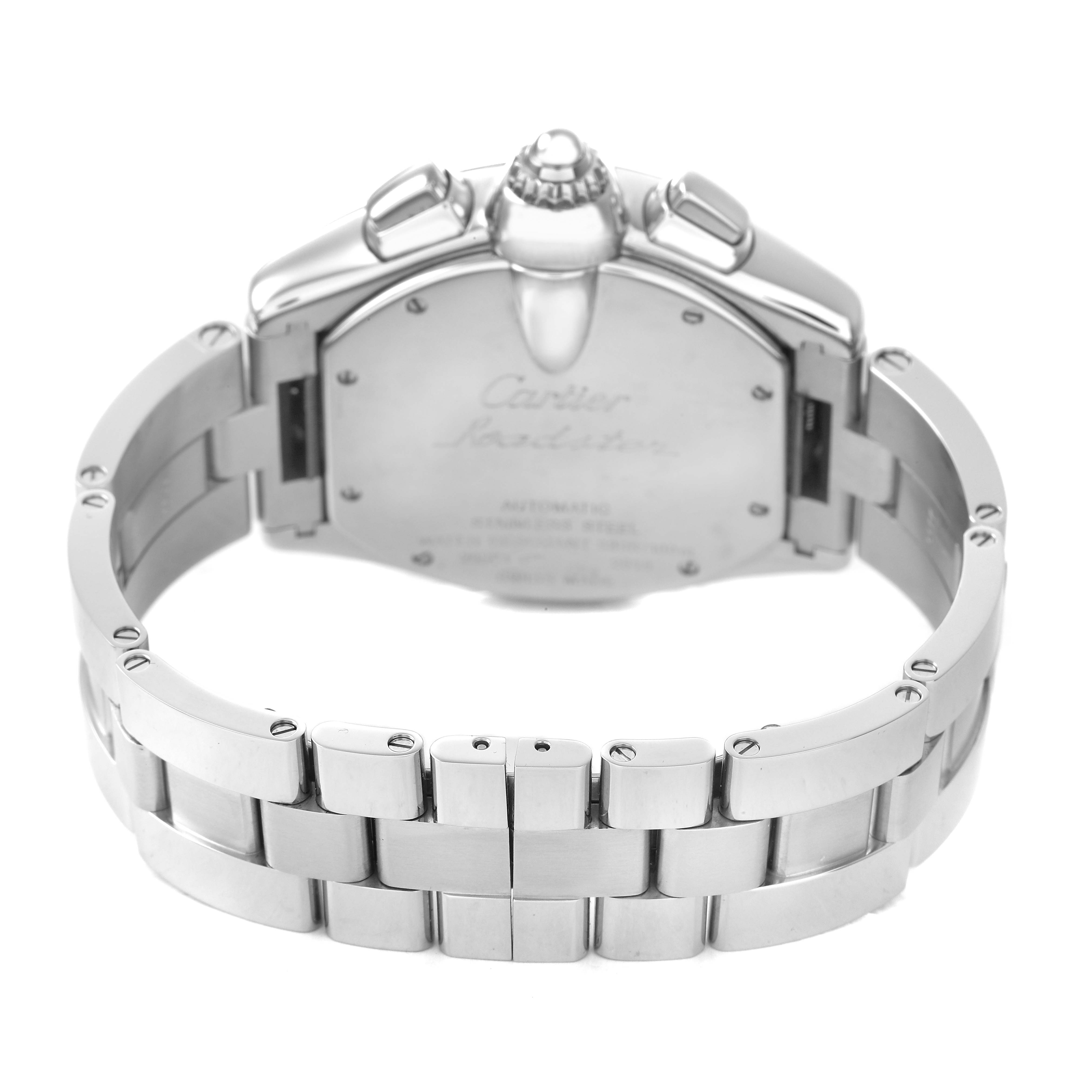 The image shows the back of the Cartier Roadster W62019X6 Men's Stainless Steel Silver Dial watch, highlighting its stainless steel bracelet and case back.