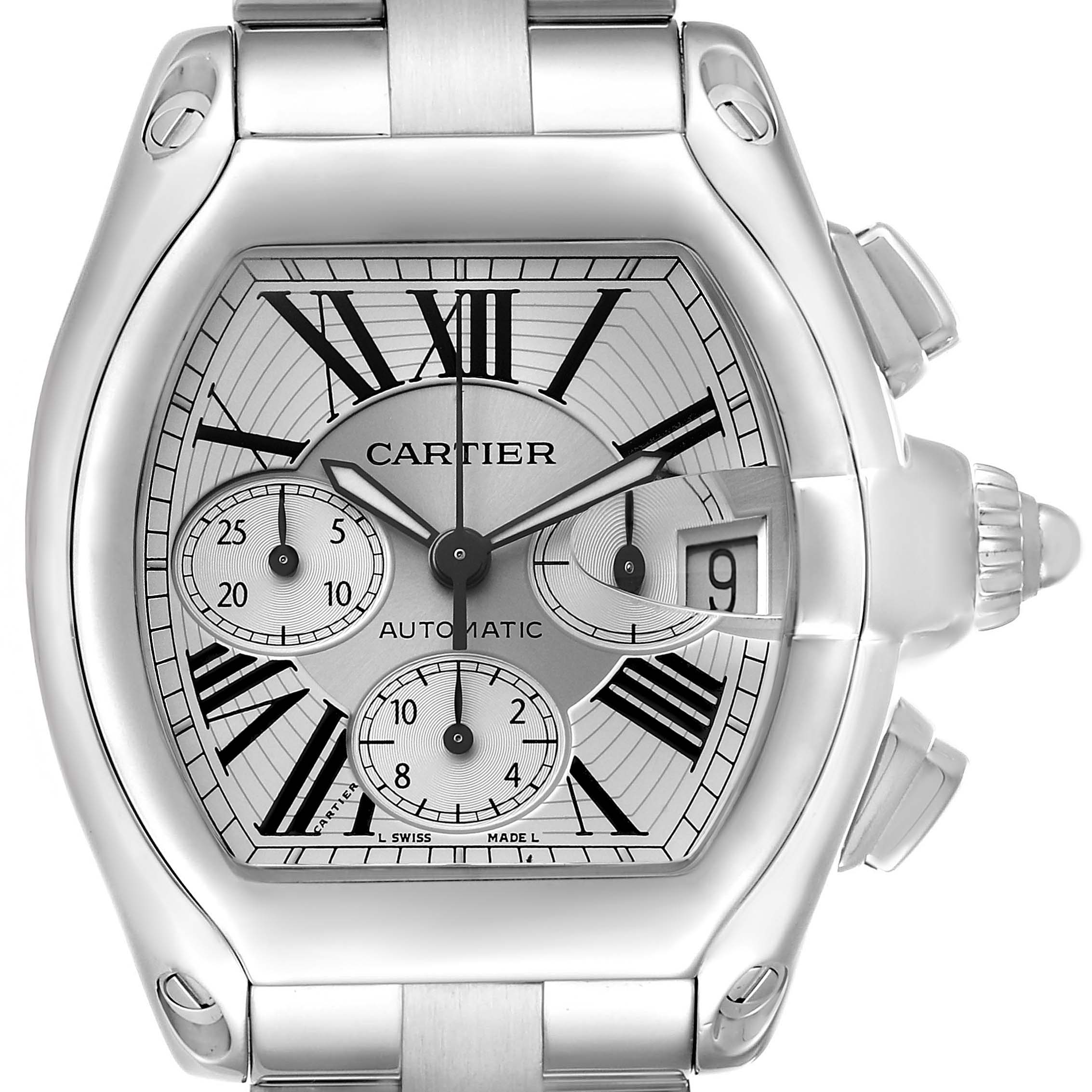 The Cartier Roadster W62019X6 Men's Stainless Steel Silver Dial watch is shown from a frontal angle, highlighting the dial, hands, and date window.