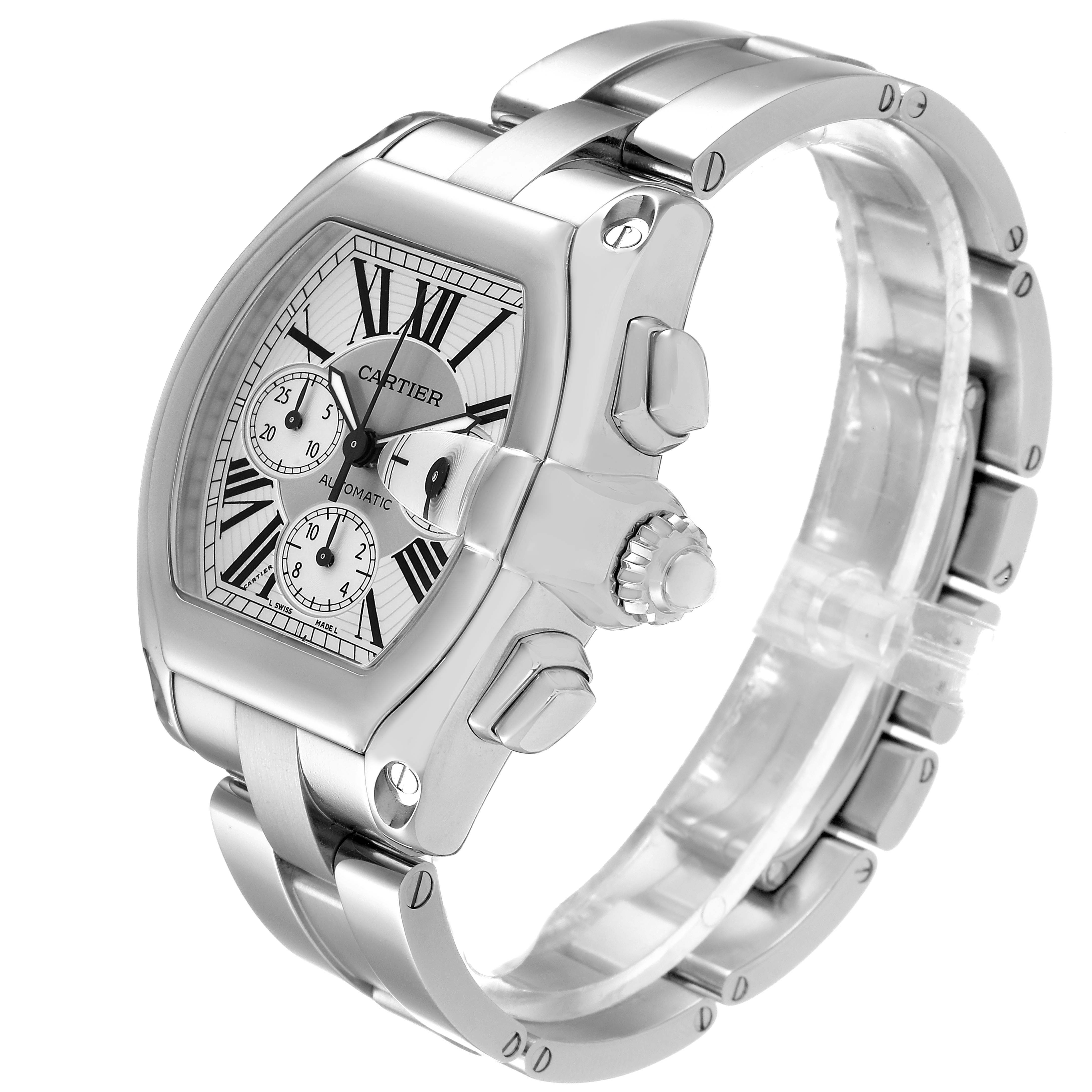 The Cartier Roadster W62019X6 Men's Stainless Steel Silver Dial watch is shown at a three-quarter angle, highlighting the face, crown, and bracelet.