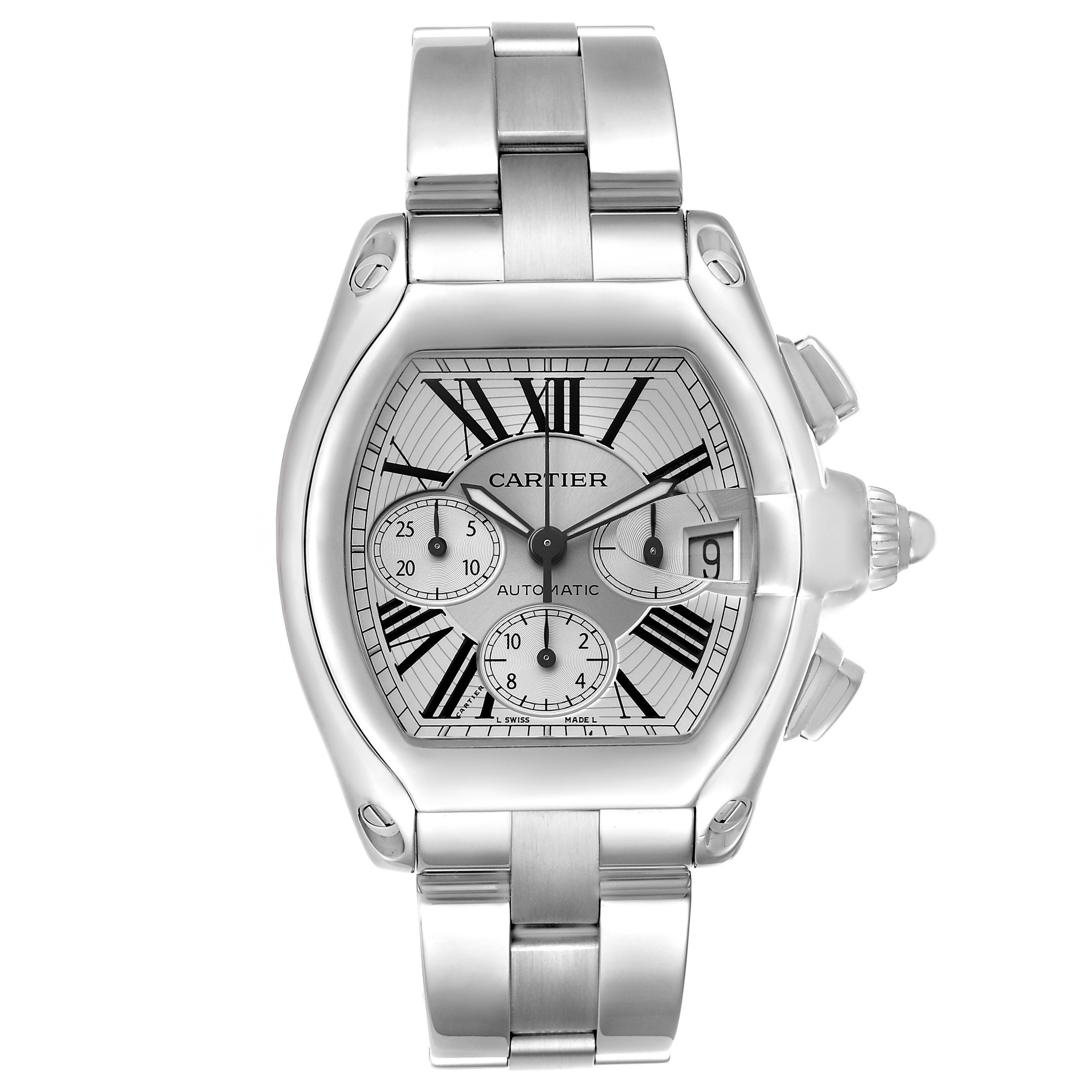 The Cartier Roadster W62019X6 Men's Stainless Steel Silver Dial watch is shown from the front, featuring its dial, bracelet, and side crown.