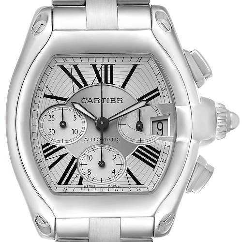 The Cartier Roadster W62019X6 Men's Stainless Steel Silver Dial watch is shown from a front angle, highlighting its face, chronograph subdials, and date window.