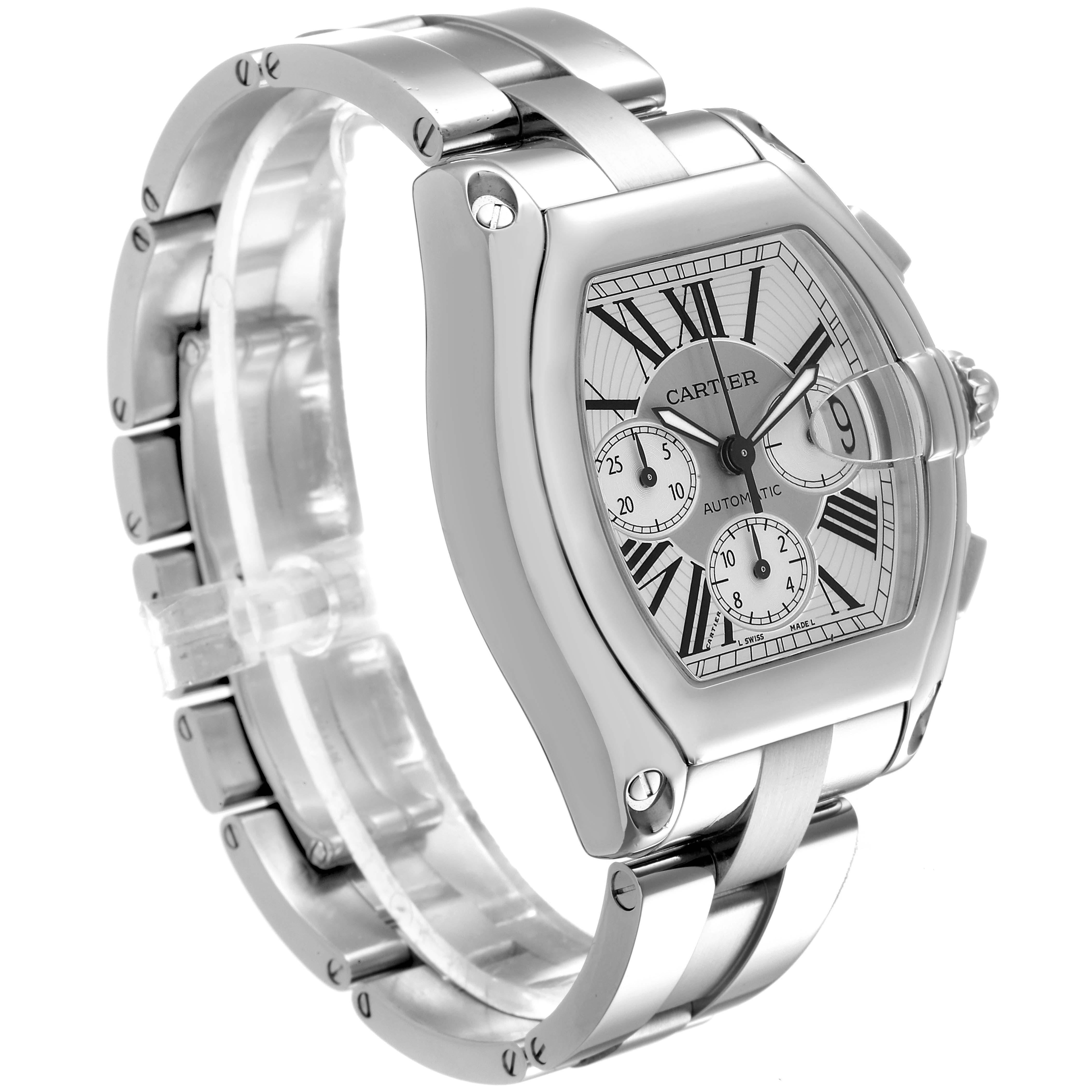 The Cartier Roadster W62019X6 Men's Stainless Steel Silver Dial watch is shown at a three-quarter angle, highlighting its case, dial, crown, and bracelet.