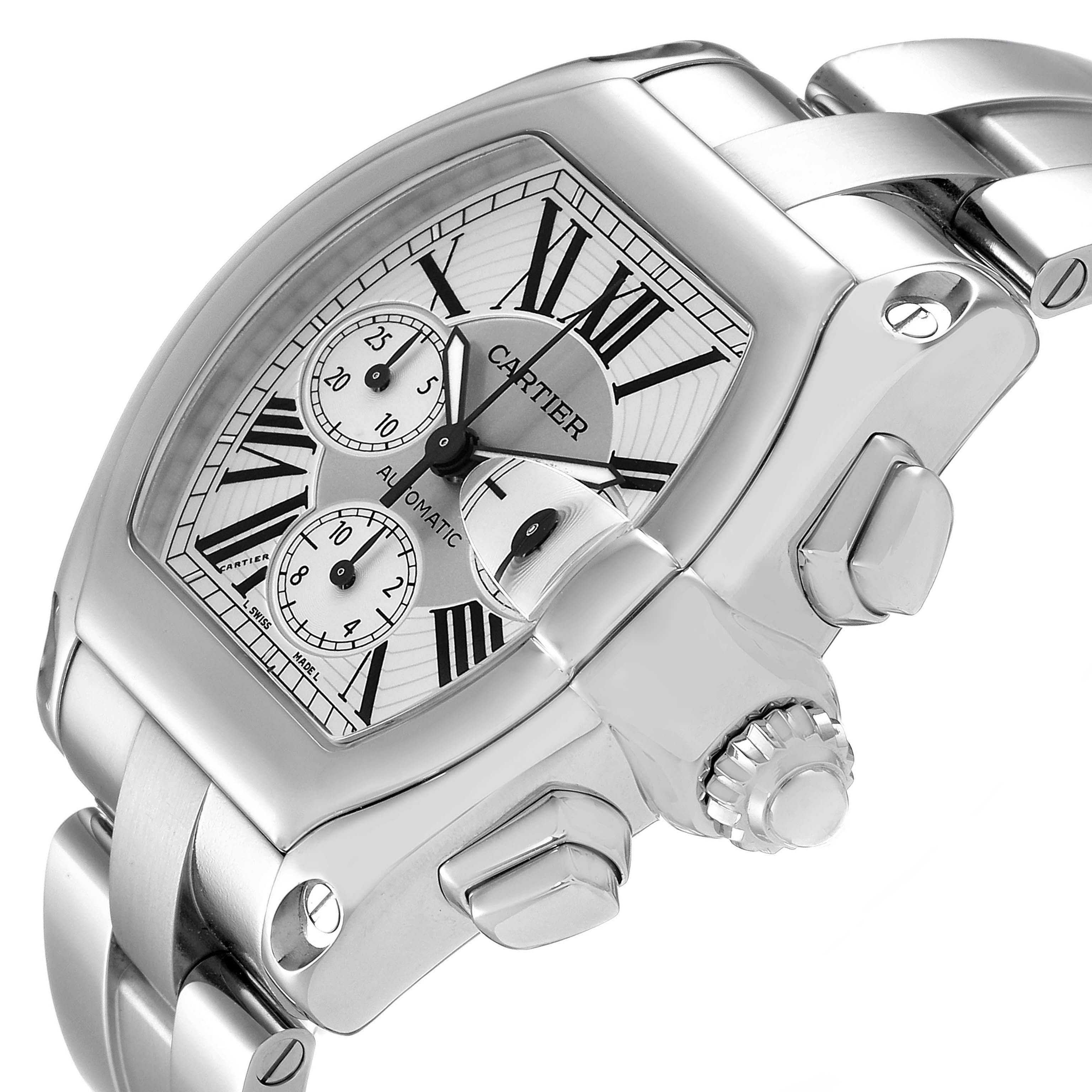 The Cartier Roadster W62019X6 Men's Stainless Steel Silver Dial watch is shown at an angled view, highlighting the dial, crown, and metal bracelet.