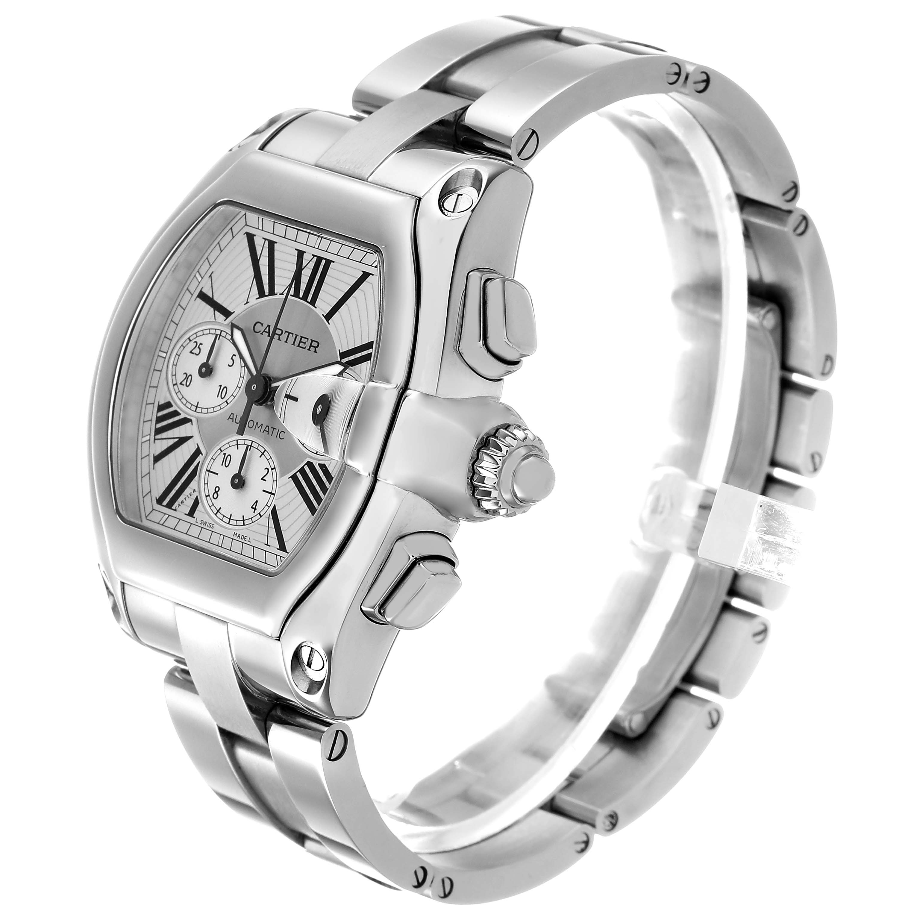 The Cartier Roadster W62019X6 Men's Stainless Steel Silver Dial watch is shown from a three-quarter angle, highlighting its face, bezel, crown, and bracelet.