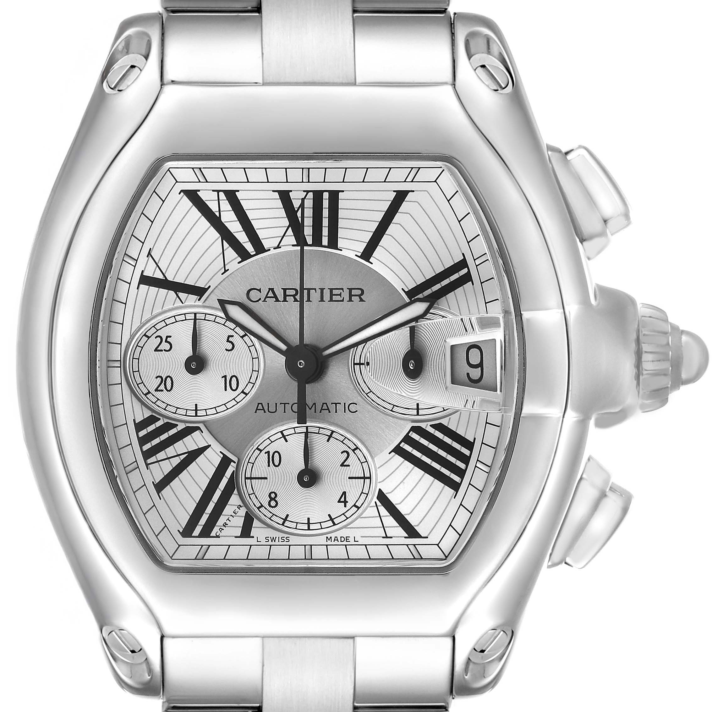 The Cartier Roadster W62019X6 Men's Stainless Steel Silver Dial watch is shown from the front, displaying the dial, sub-dials, date window, and crown.