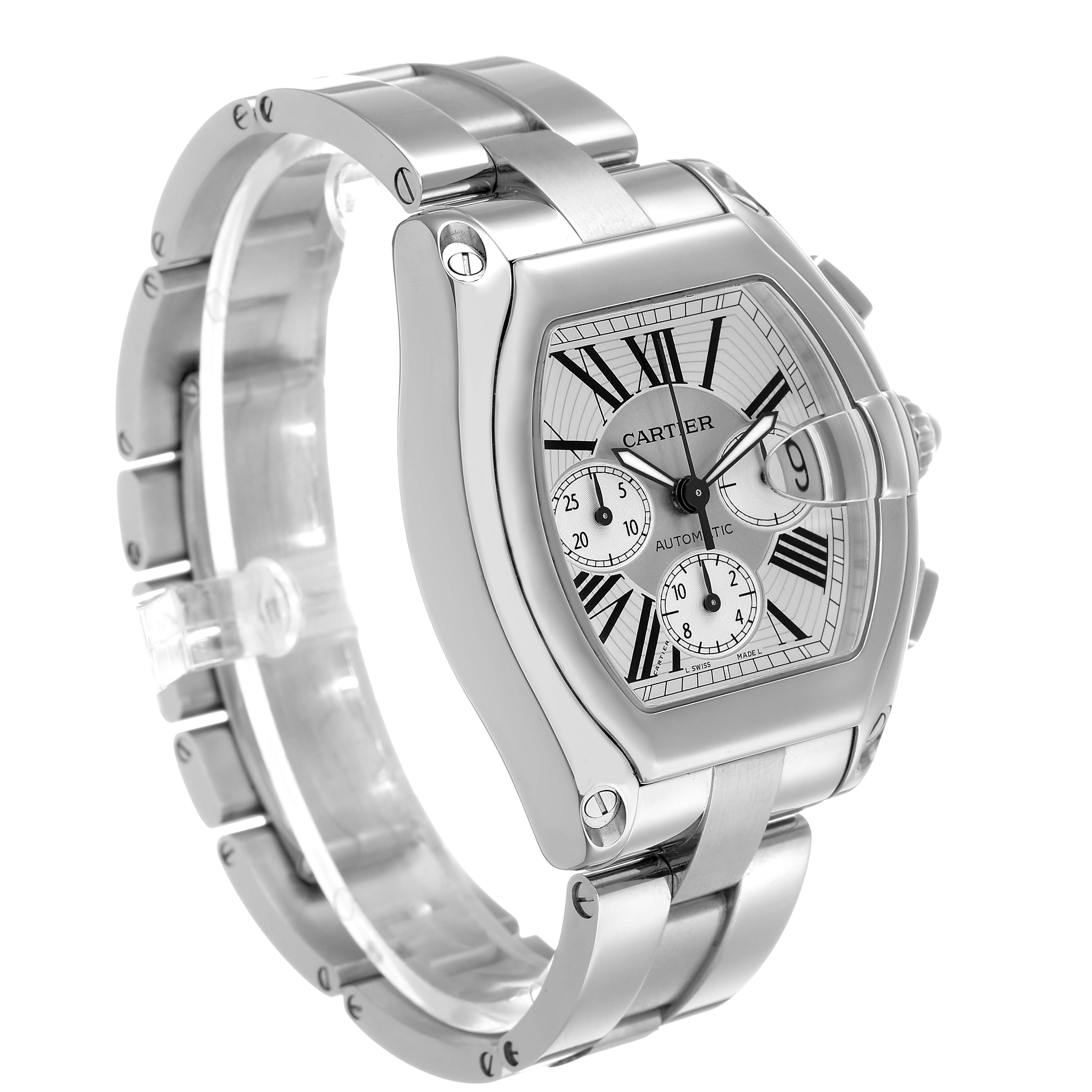 The Cartier Roadster W62019X6 Men's Stainless Steel Silver Dial watch is shown at a three-quarter angle highlighting its case, dial, bezel, and bracelet.