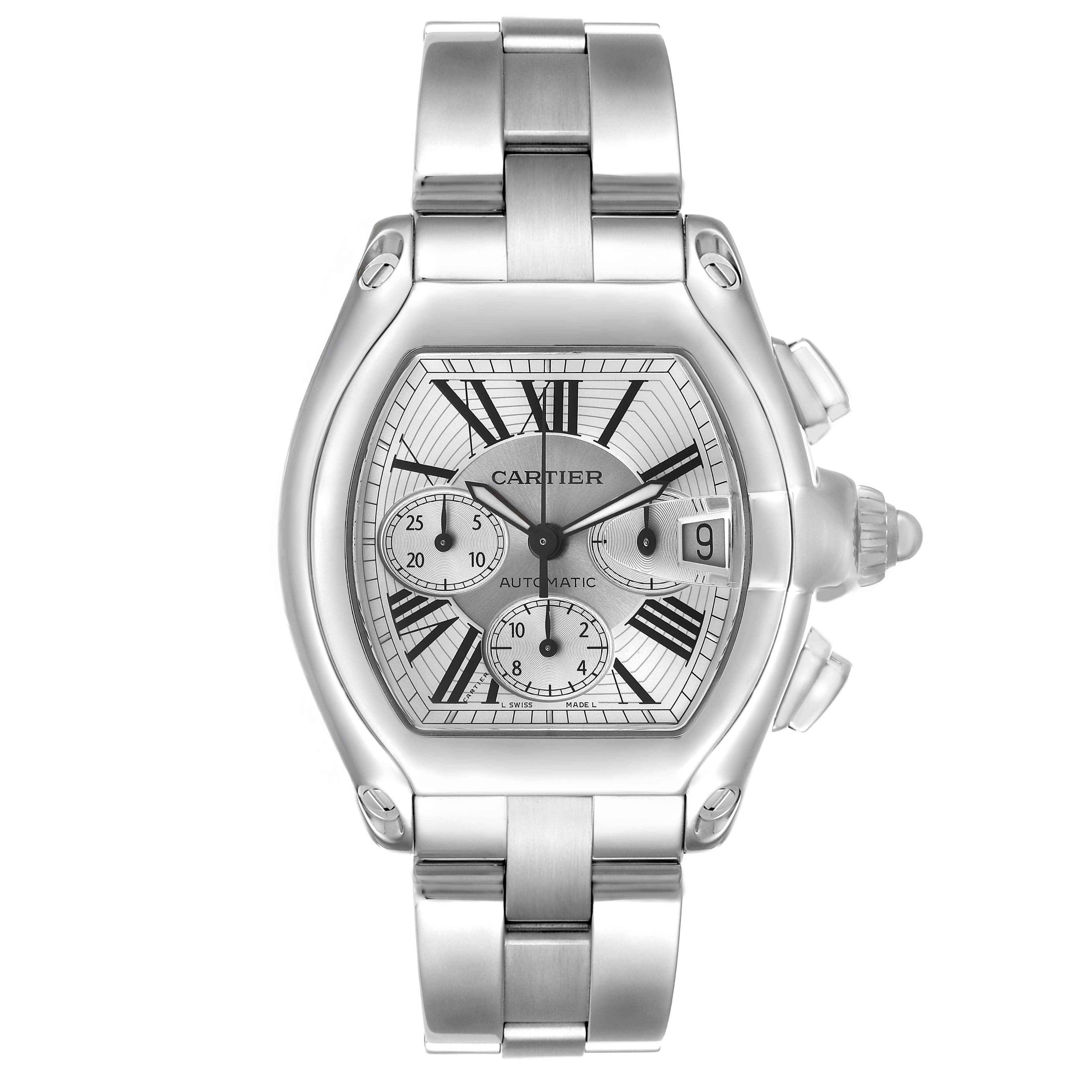 The Cartier Roadster W62019X6 Men's Stainless Steel Silver Dial watch is shown from the front, displaying the dial, subdials, date, and bracelet.