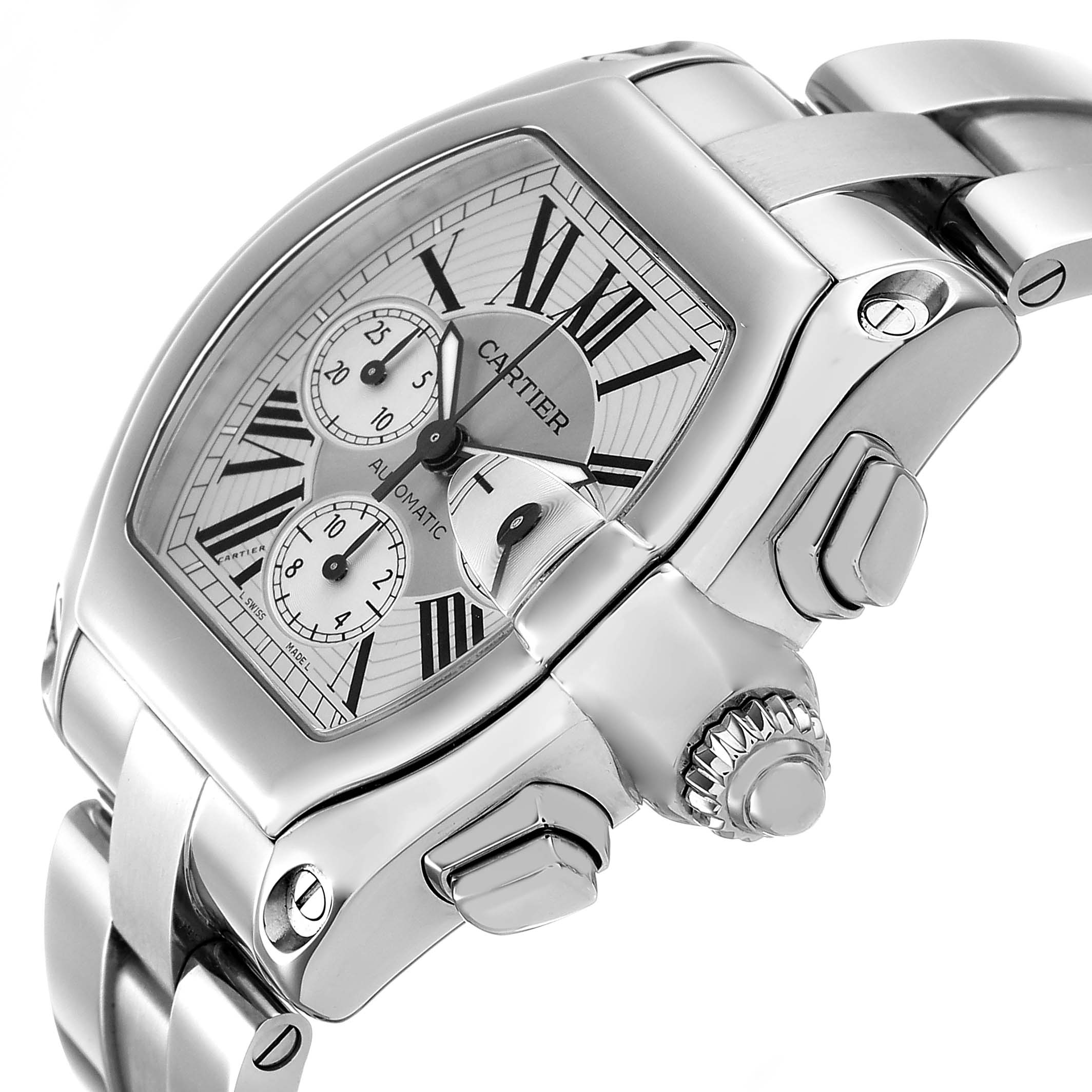 The Cartier Roadster W62019X6 Men's Stainless Steel Silver Dial watch is shown at an angle highlighting its face, crown, and part of the bracelet.