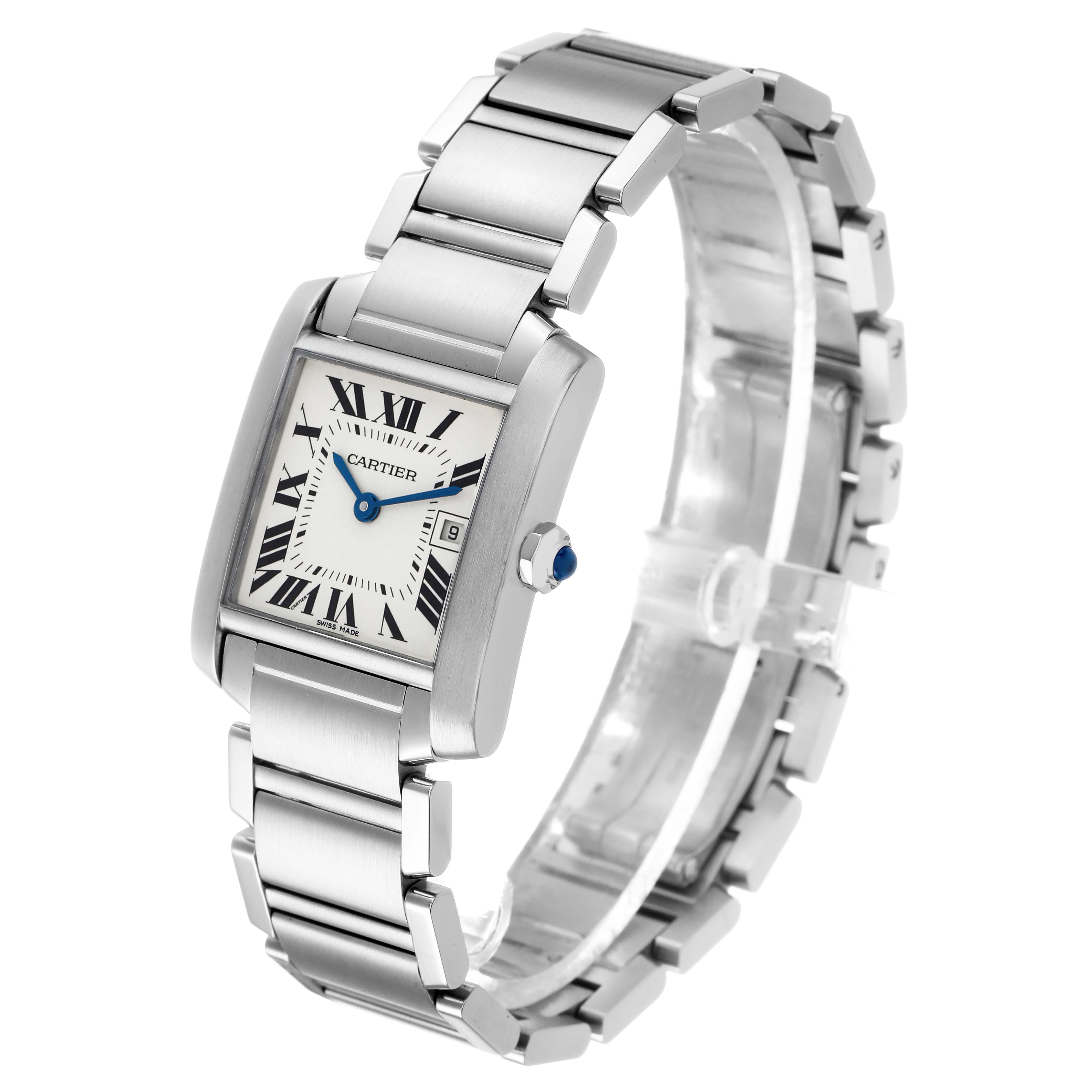The Cartier Tank Francaise W51011Q3 Women's Stainless Steel Silver Dial watch is shown at a slight angle, highlighting its rectangular face and metal bracelet.